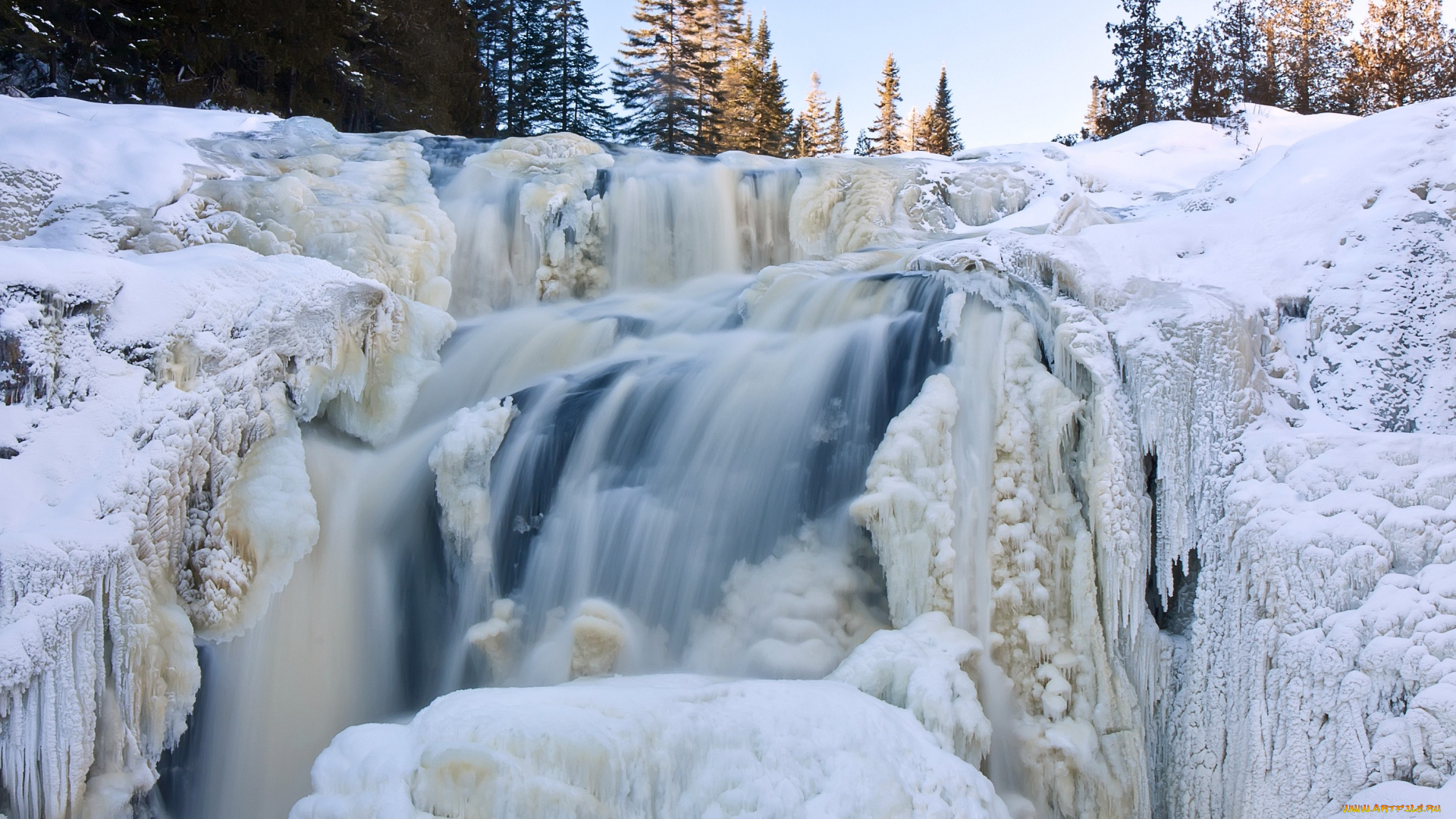 природа, водопады, снег, ели, лед, вода