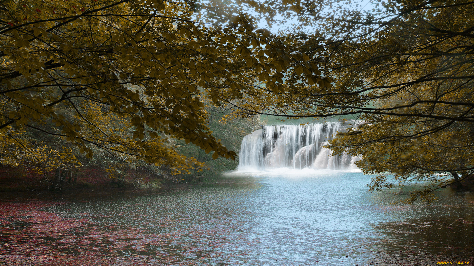 hidden, falls, природа, водопады, деревья, водопад, река