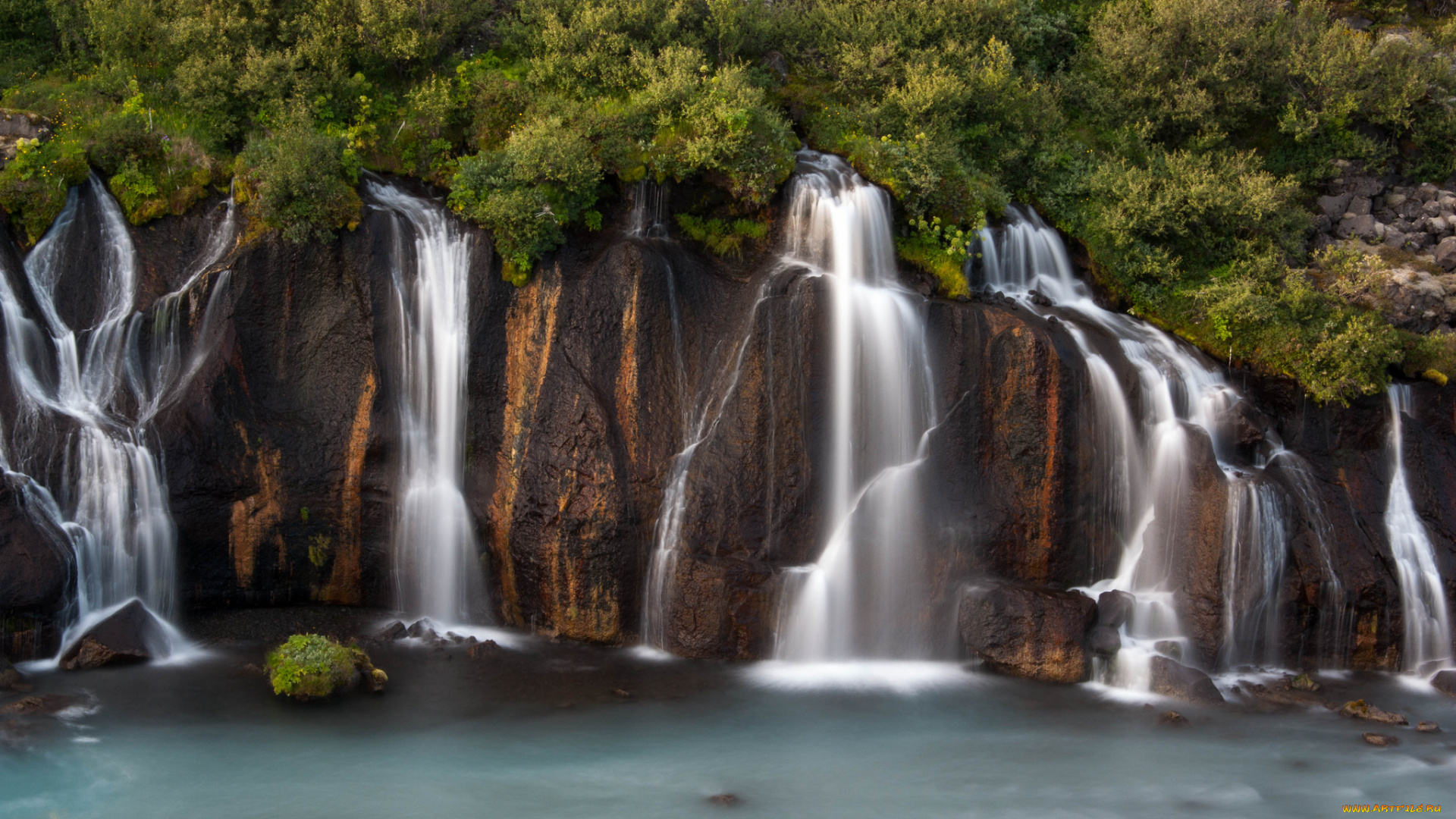 hraunfossar, waterfall, природа, водопады, скала, исландия, деревья, iceland