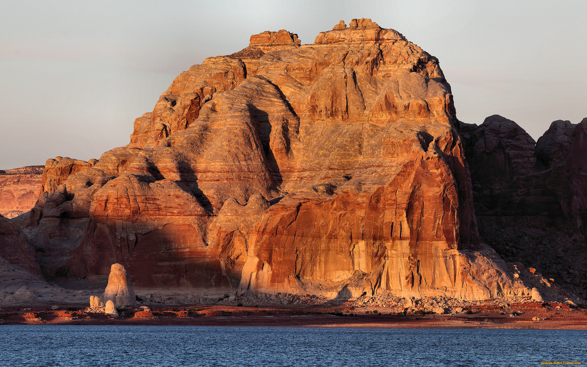 природа, горы, sunlight, lake, water, rocks, cliffs