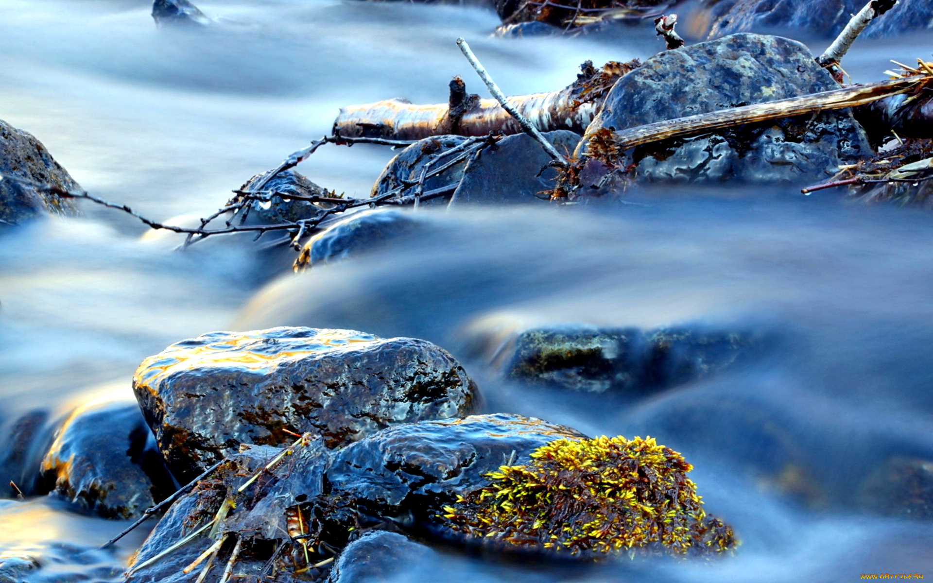 smooth, water, flow, природа, вода, поток, камни, бревна, ветки