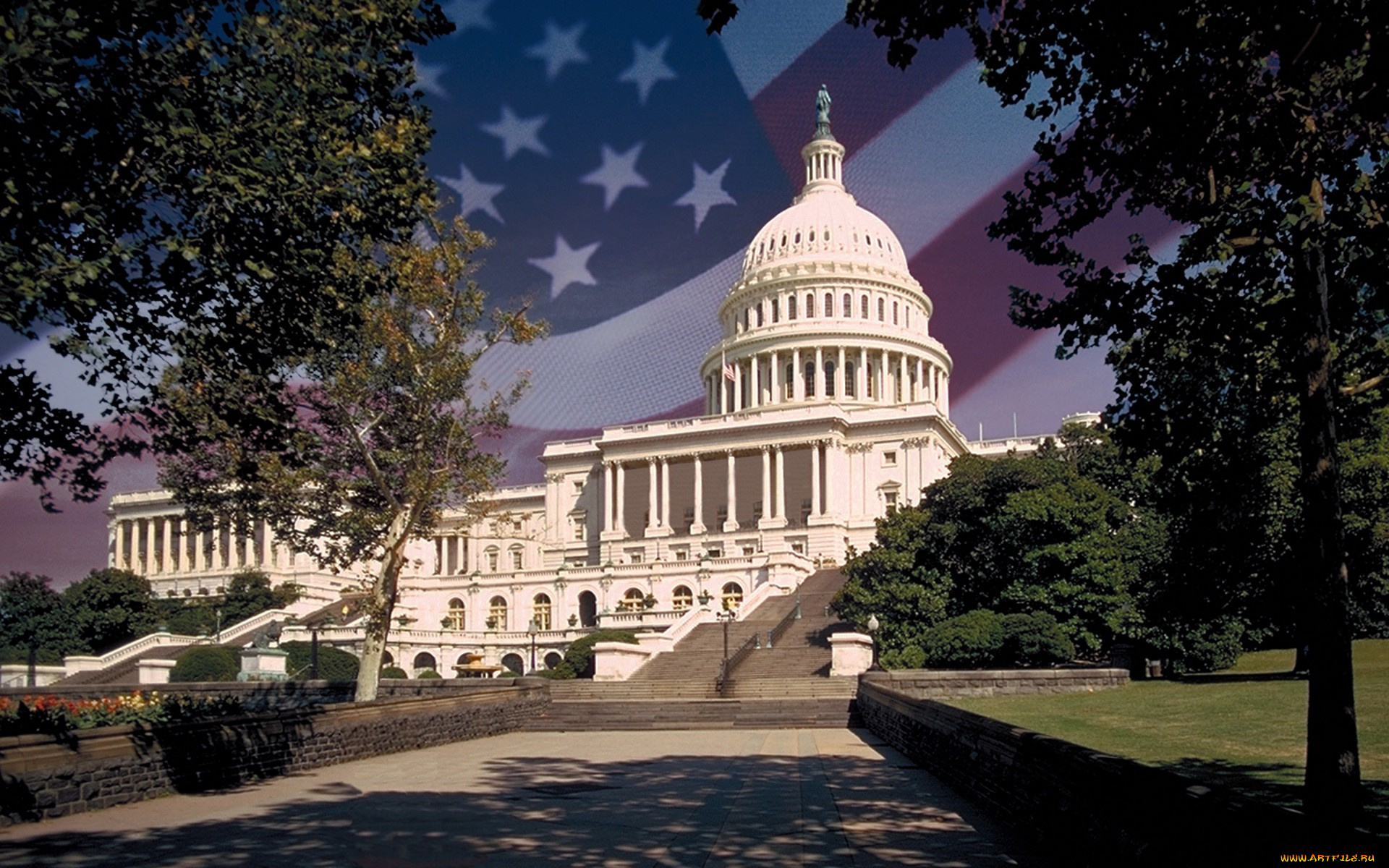 us, capitol, 3д, графика, architecture, архитектура, флаг, деревья, белый, дом