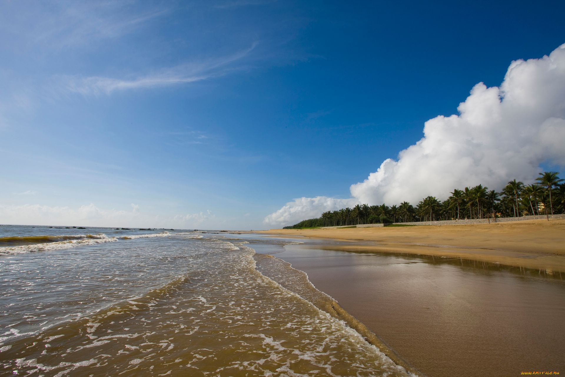 природа, побережье, волны, песок, облака