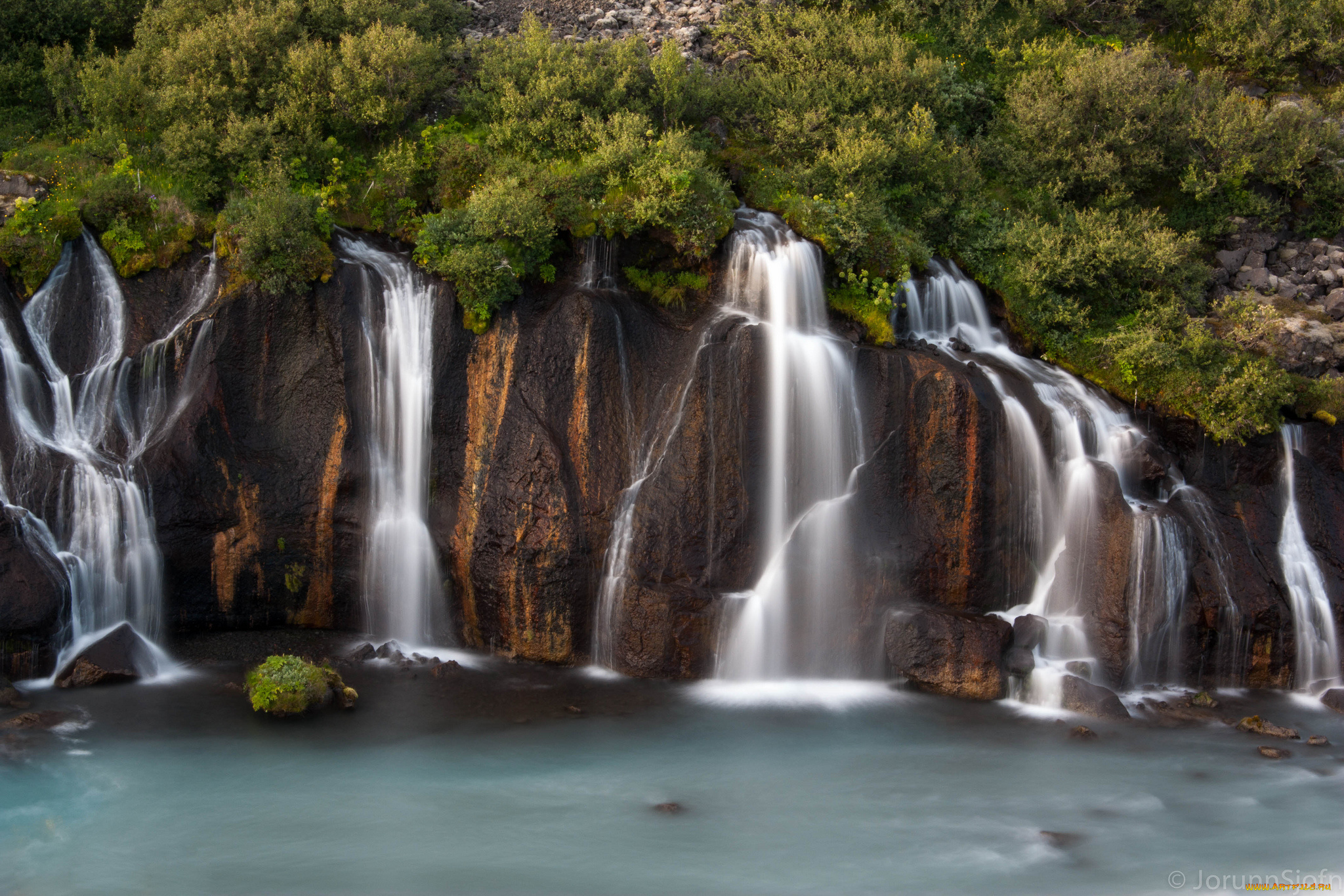 hraunfossar, waterfall, природа, водопады, скала, исландия, деревья, iceland