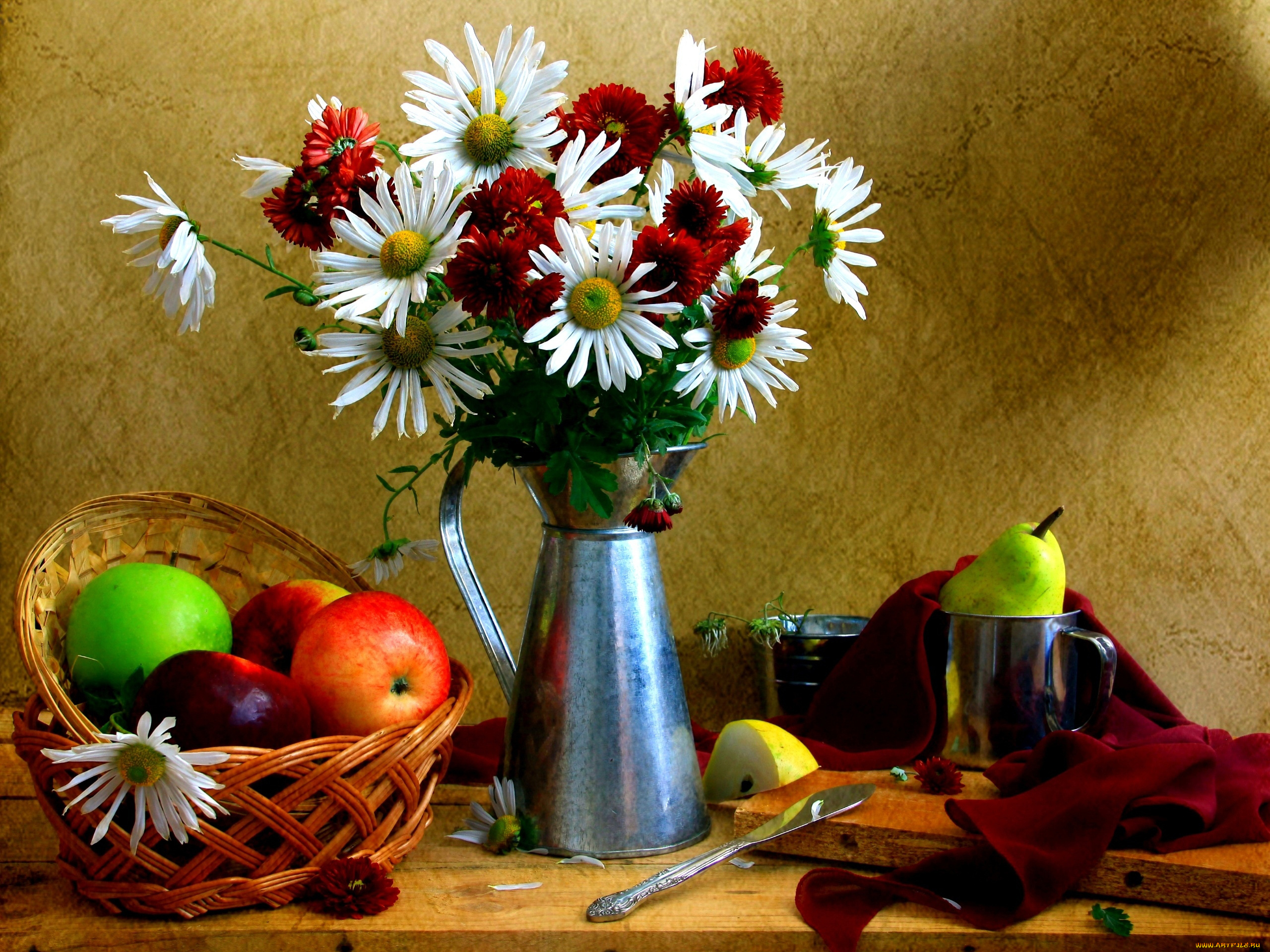 еда, натюрморт, груши, яблоки, цветы