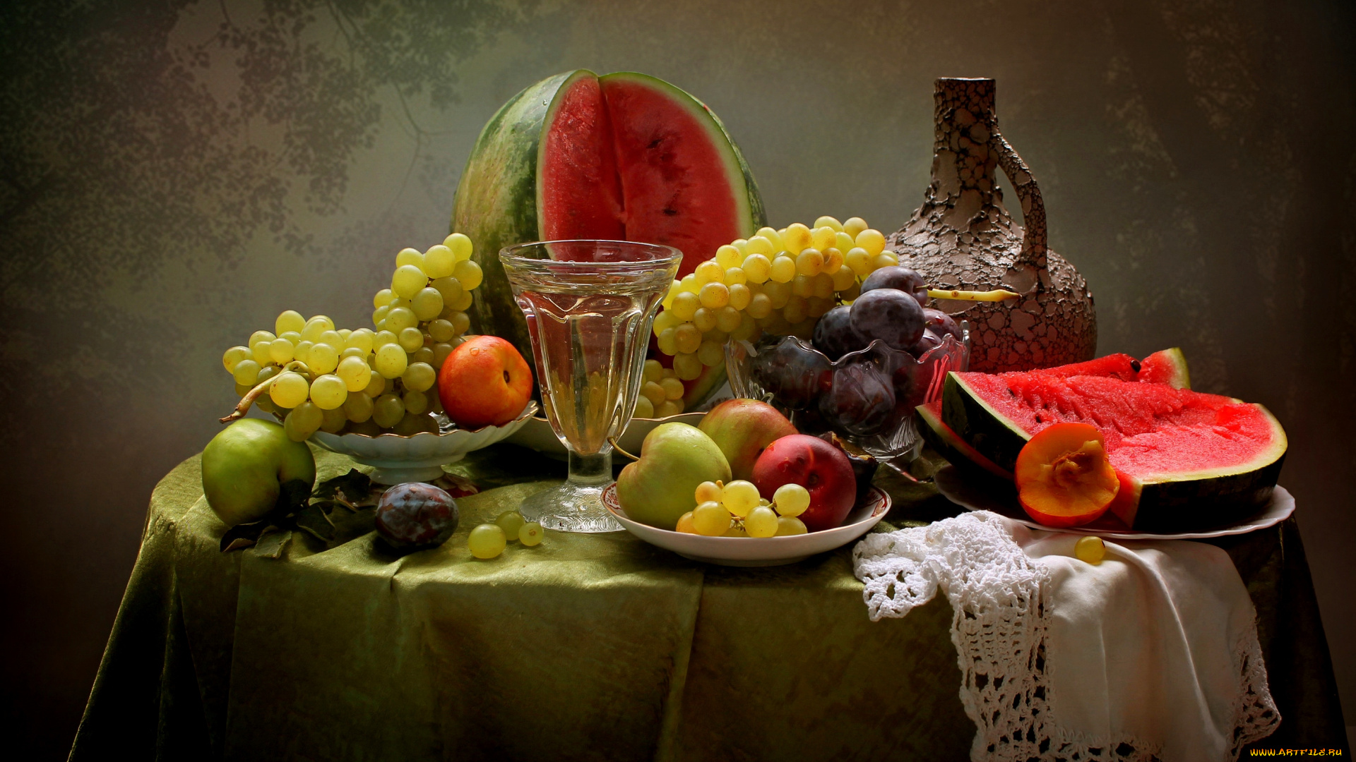 еда, натюрморт, сливы, нектарины, яблоки, фрукты, лето, виноград, вино, арбуз
