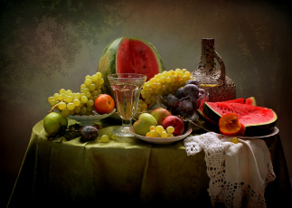 Картинка еда натюрморт сливы нектарины яблоки фрукты лето виноград вино арбуз