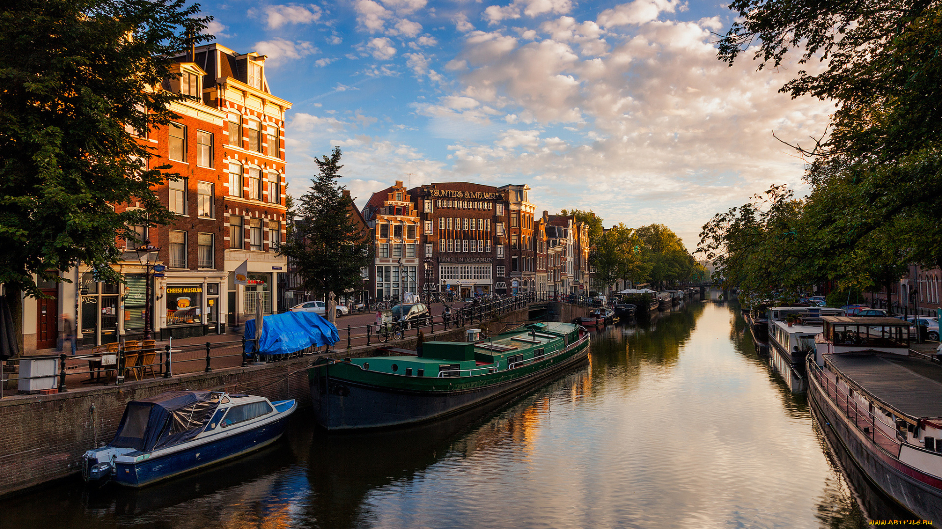 города, амстердам, , нидерланды, канал, катера, набережная, небо, дома