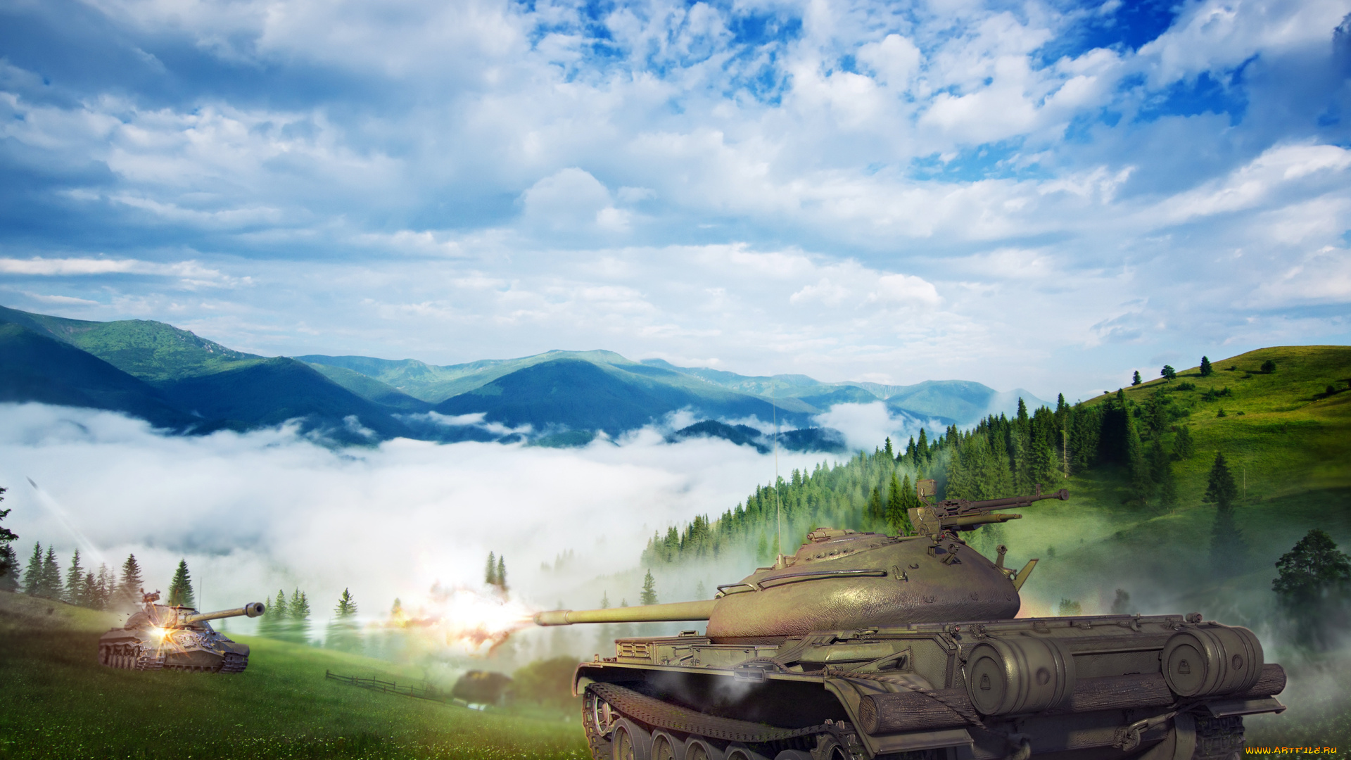 видео, игры, мир, танков, , world, of, tanks, поле, горы, небо, облака, танки
