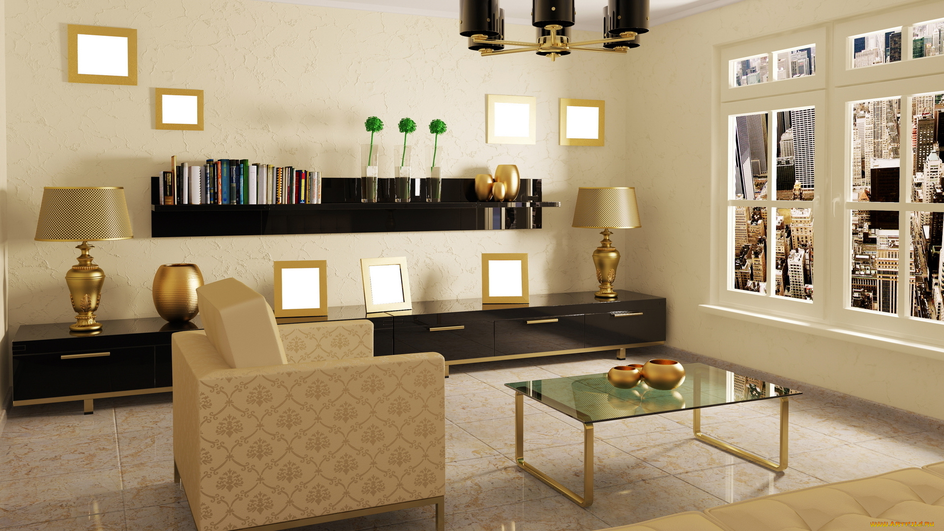 интерьер, гостиная, окно, дизайн, комната, лампа, картины, кресло, стол