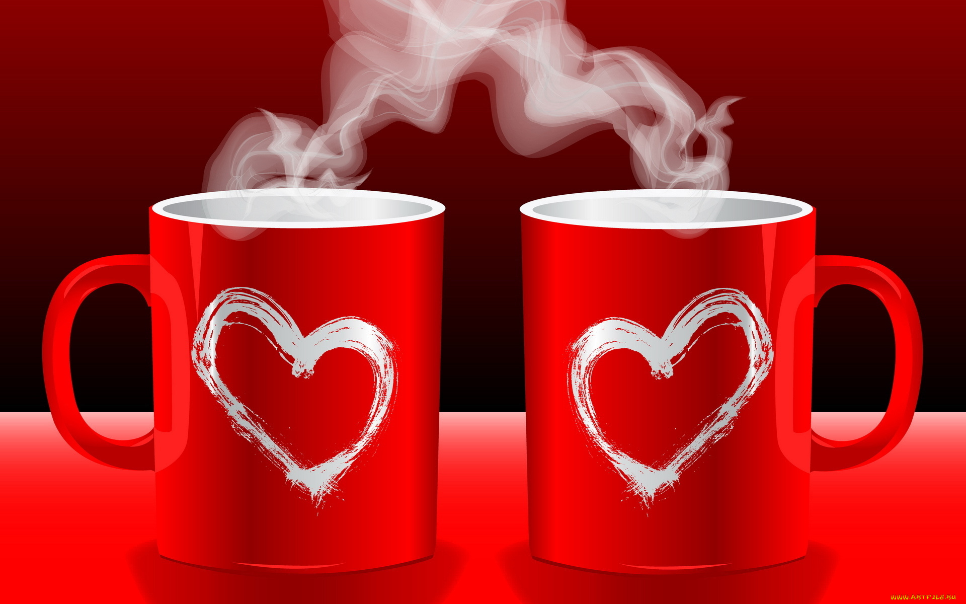 векторная, графика, горячий, пар, кофе, любовь, кружка, чашка, сердечки, настроения