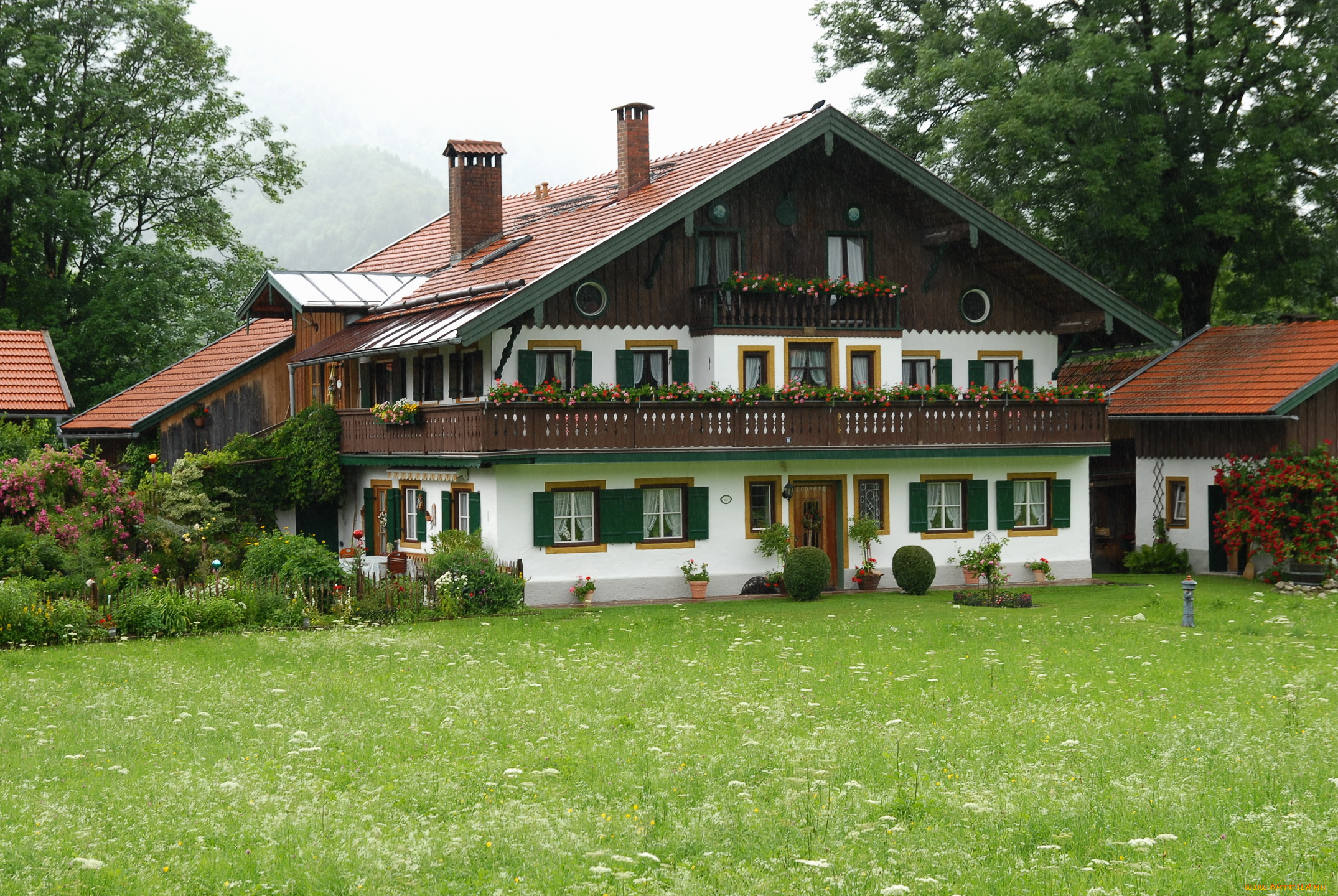 германия, бавария, ленгрис, города, здания, дома, лужайка, дом