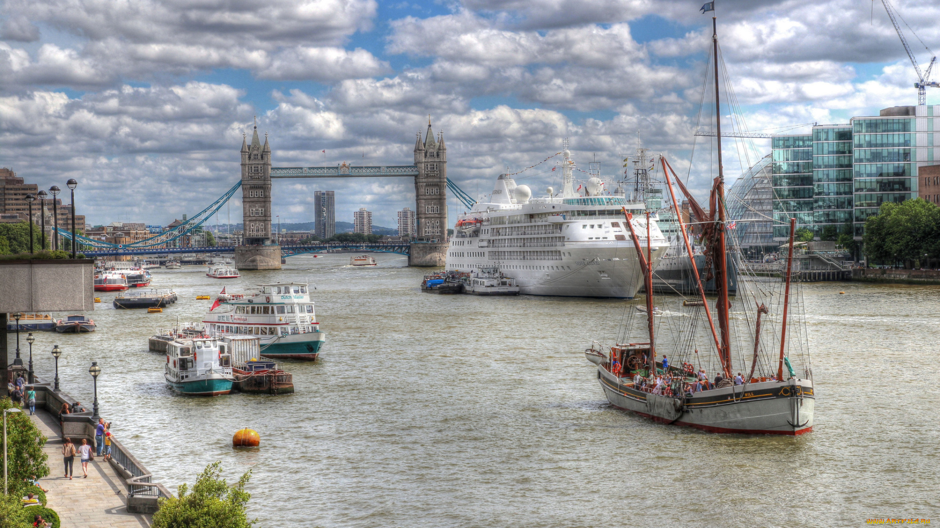view, from, london, bridge, корабли, разные, вместе, суда, темза, лондон, англия