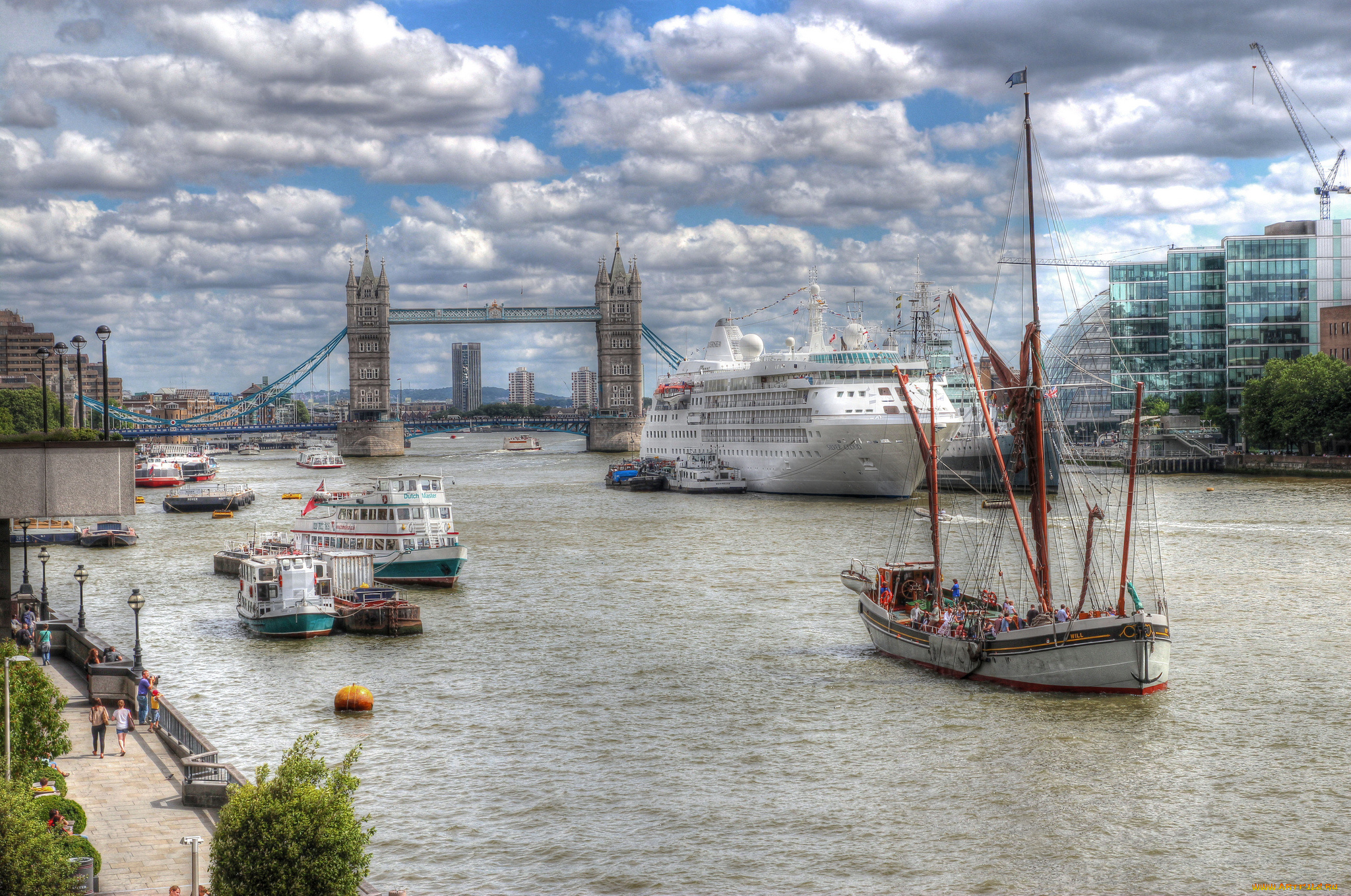 view, from, london, bridge, корабли, разные, вместе, суда, темза, лондон, англия