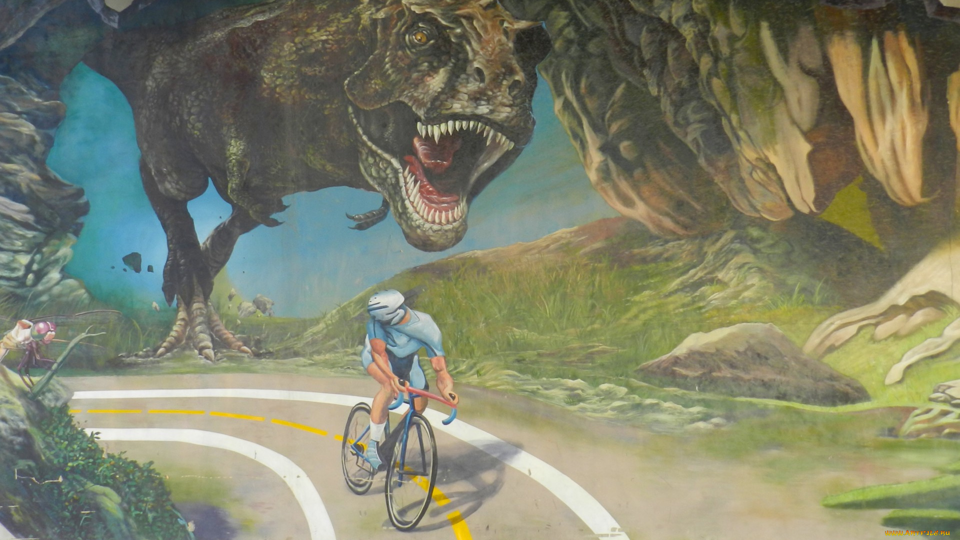 юмор, и, приколы, велосипедист, погоня, дорога, динозавр, тираннозавр