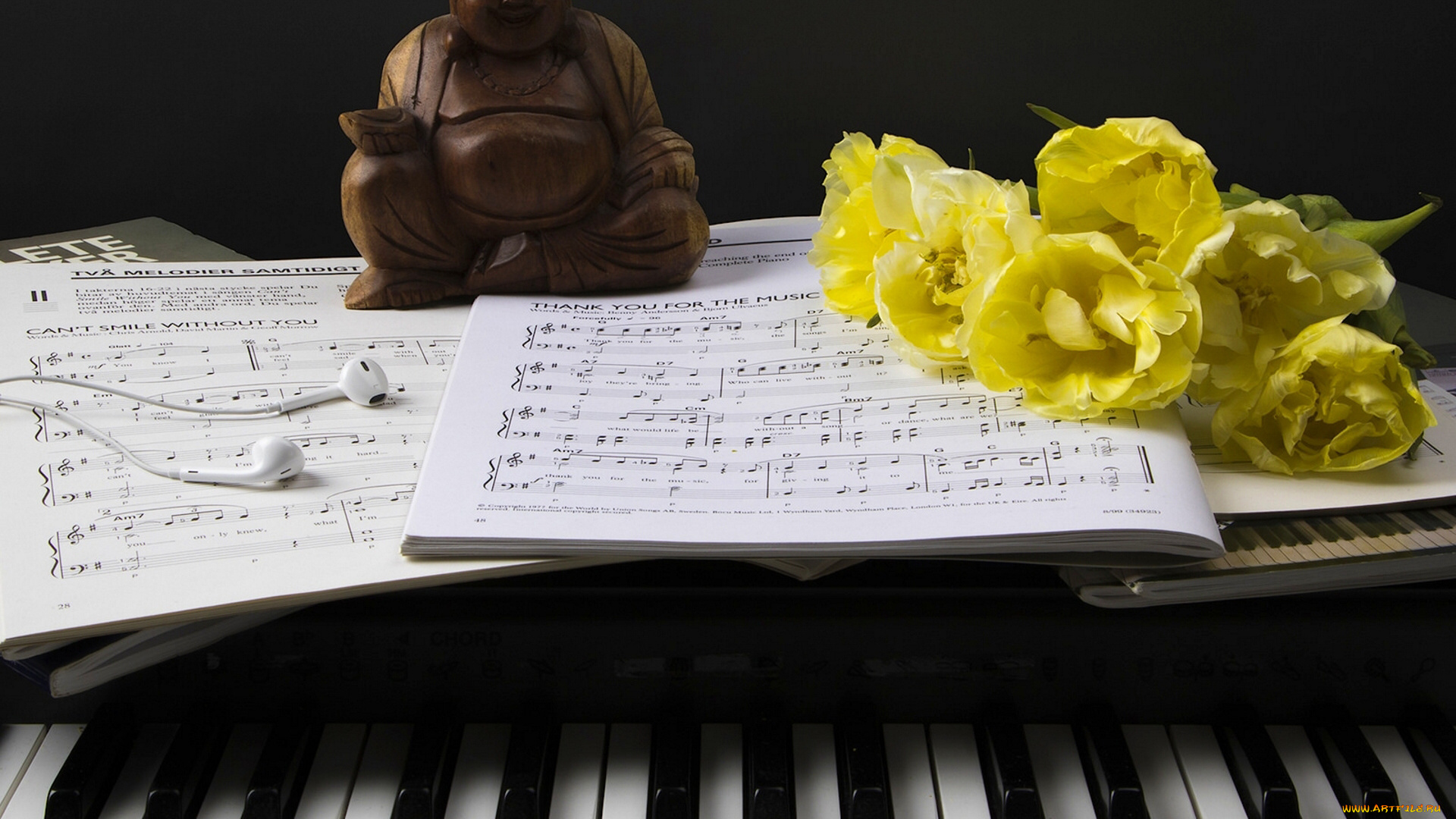 музыка, -музыкальные, инструменты, цветы, ноты, будда, клавиши, статуэтка, наушники