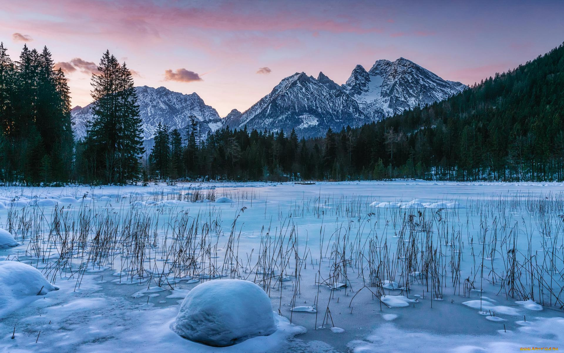 природа, зима, озеро, берхтесгаден, bavaria, германия