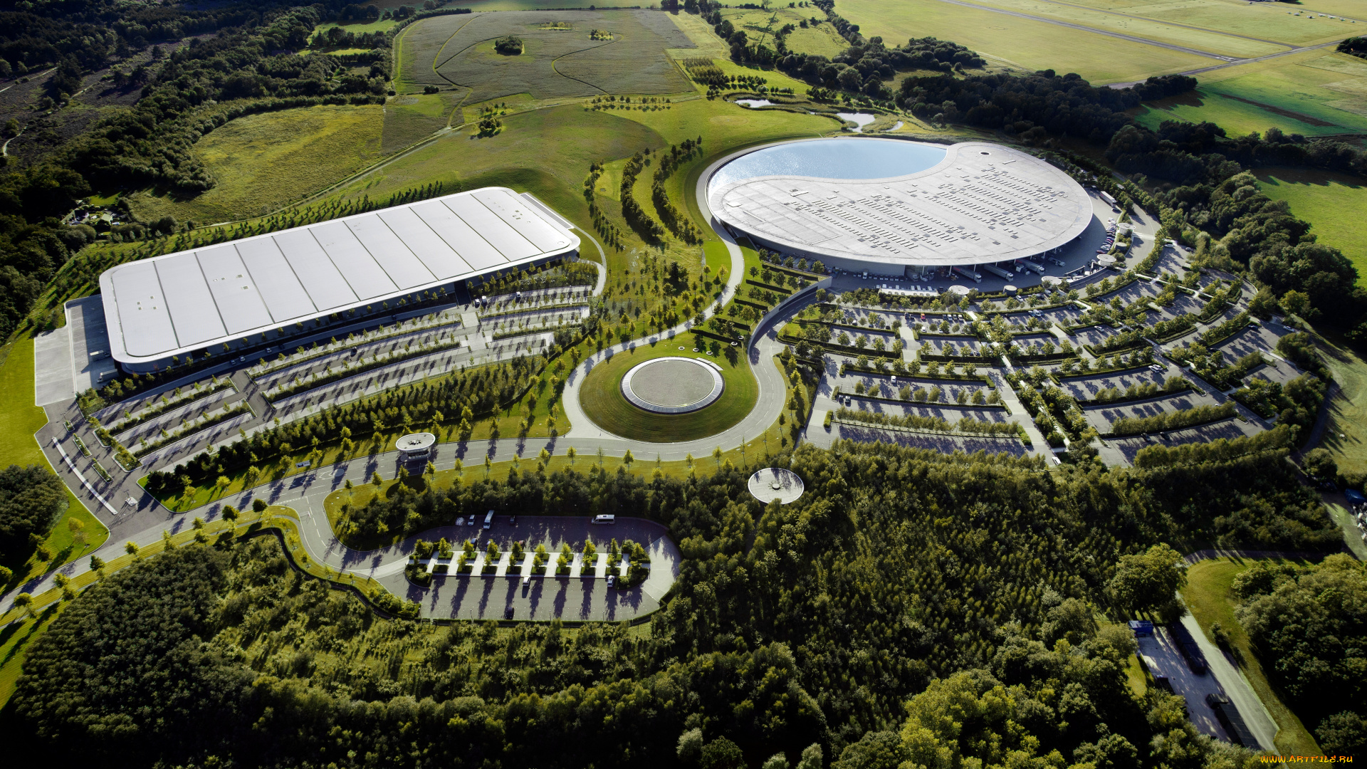 англия, города, -, здания, , дома, mclaren, office, surrey, england, modern, architecture, aerial, view