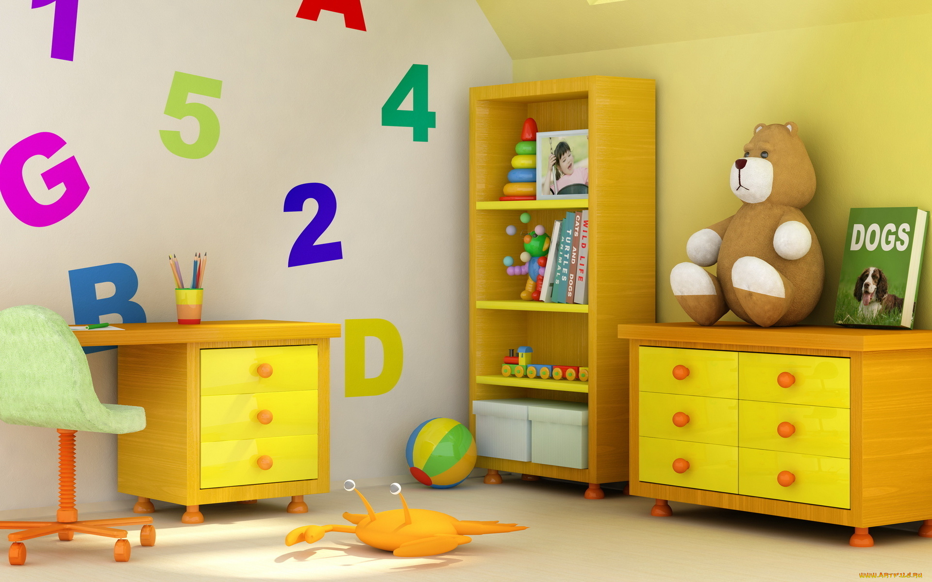 интерьер, детская, комната, игрушки, стул, карандаши, мяч, дизайн, цифры, книги, мишка