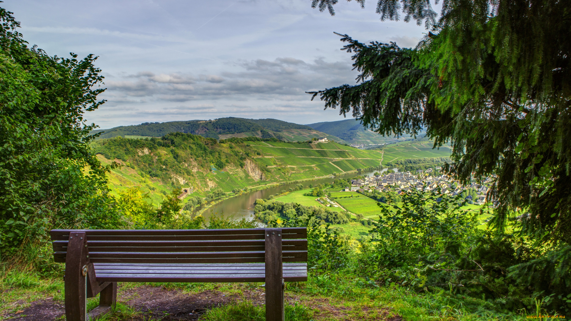 германия, пюндерих, природа, пейзажи, трава, деревья, пейзаж, дома, река