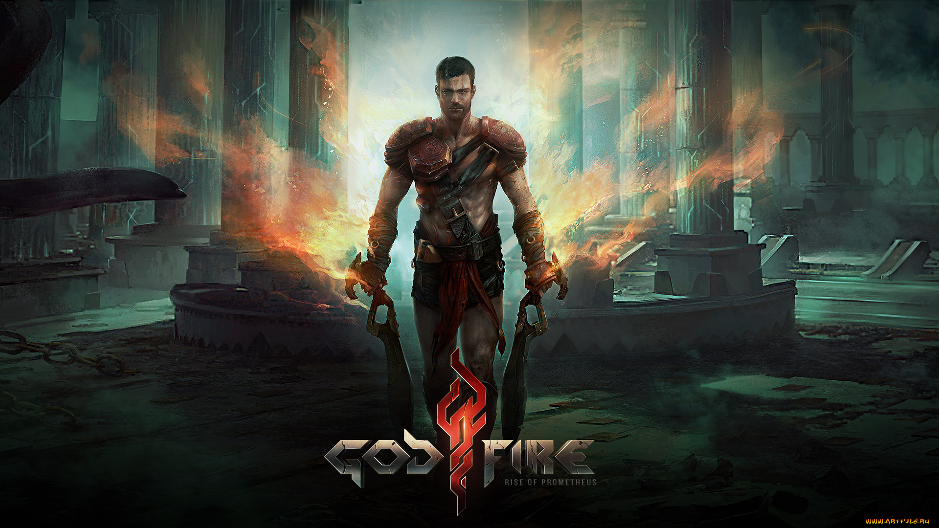 godfire, rise, of, prometheus, видео, игры, огонь, меч, доспехи, мужчина, колонны, развалины, ремень, цепь, воин