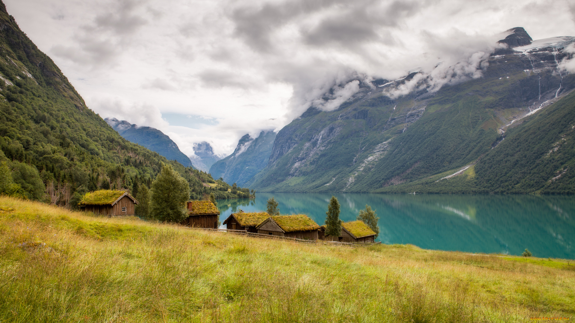 lovatnet, lake, norway, природа, реки, озера, горы, пейзаж, хижины, озеро, норвегия