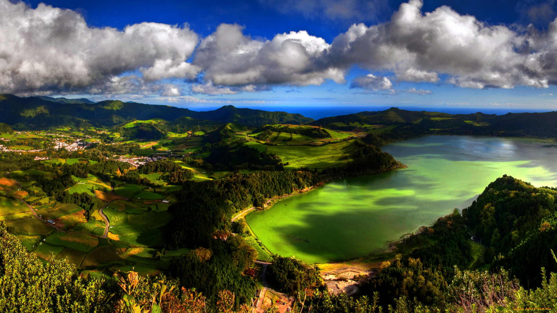 португалия, azores, san, miguel, природа, пейзажи, поля, озеро, деревья, панорама