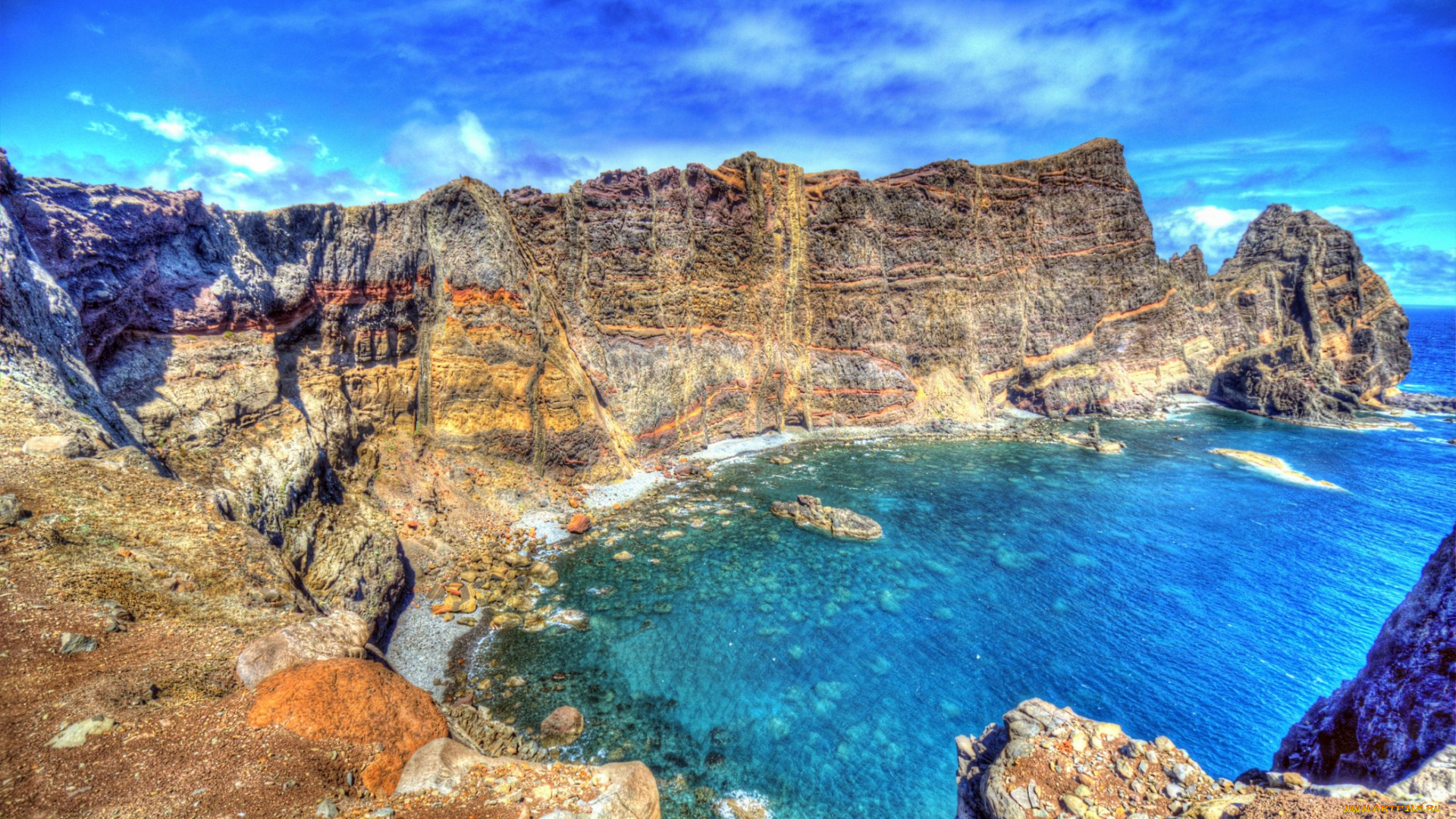 португалия, madeira, природа, побережье, море, бухта, скалы, облака