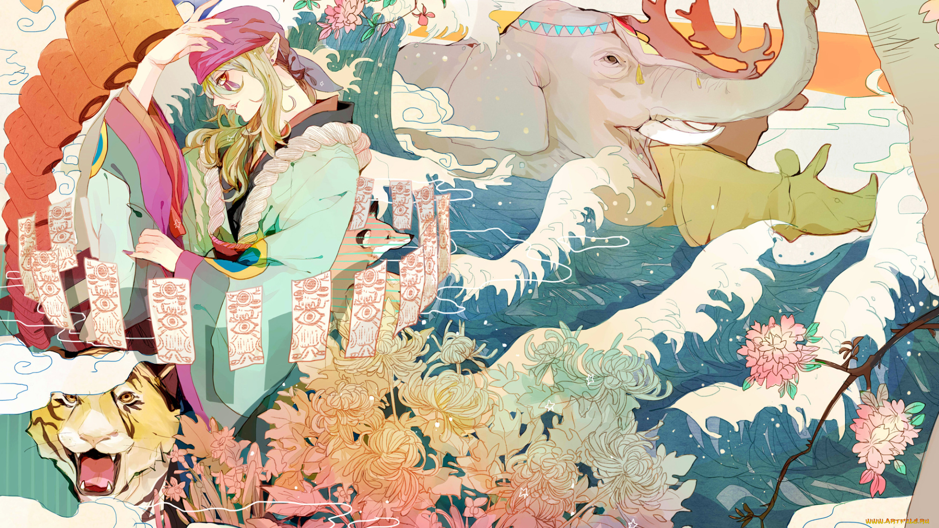 аниме, mononoke, тигр, цветы, вода, парень, арт, kusuriuri, звери, слон