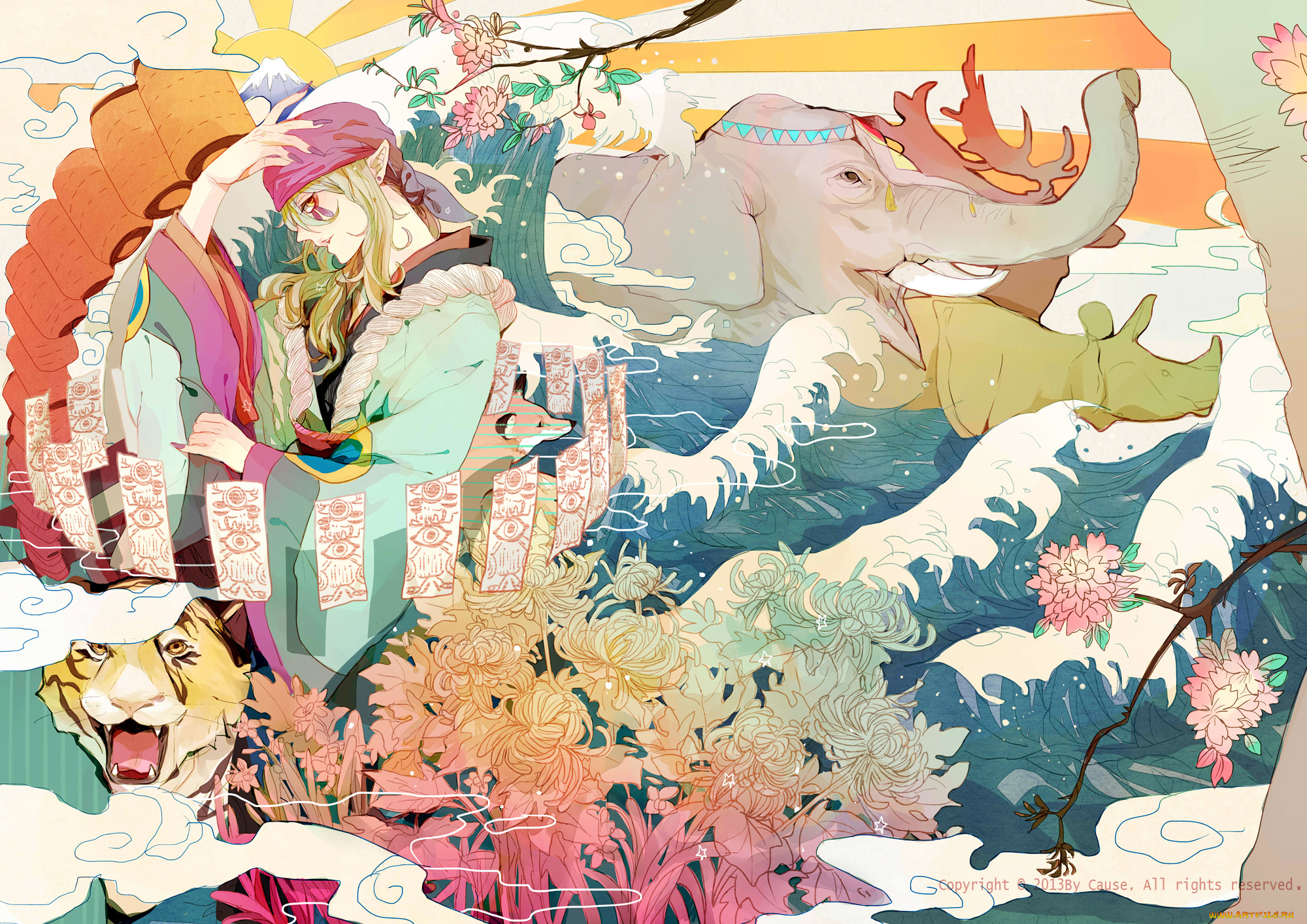 аниме, mononoke, тигр, цветы, вода, парень, арт, kusuriuri, звери, слон