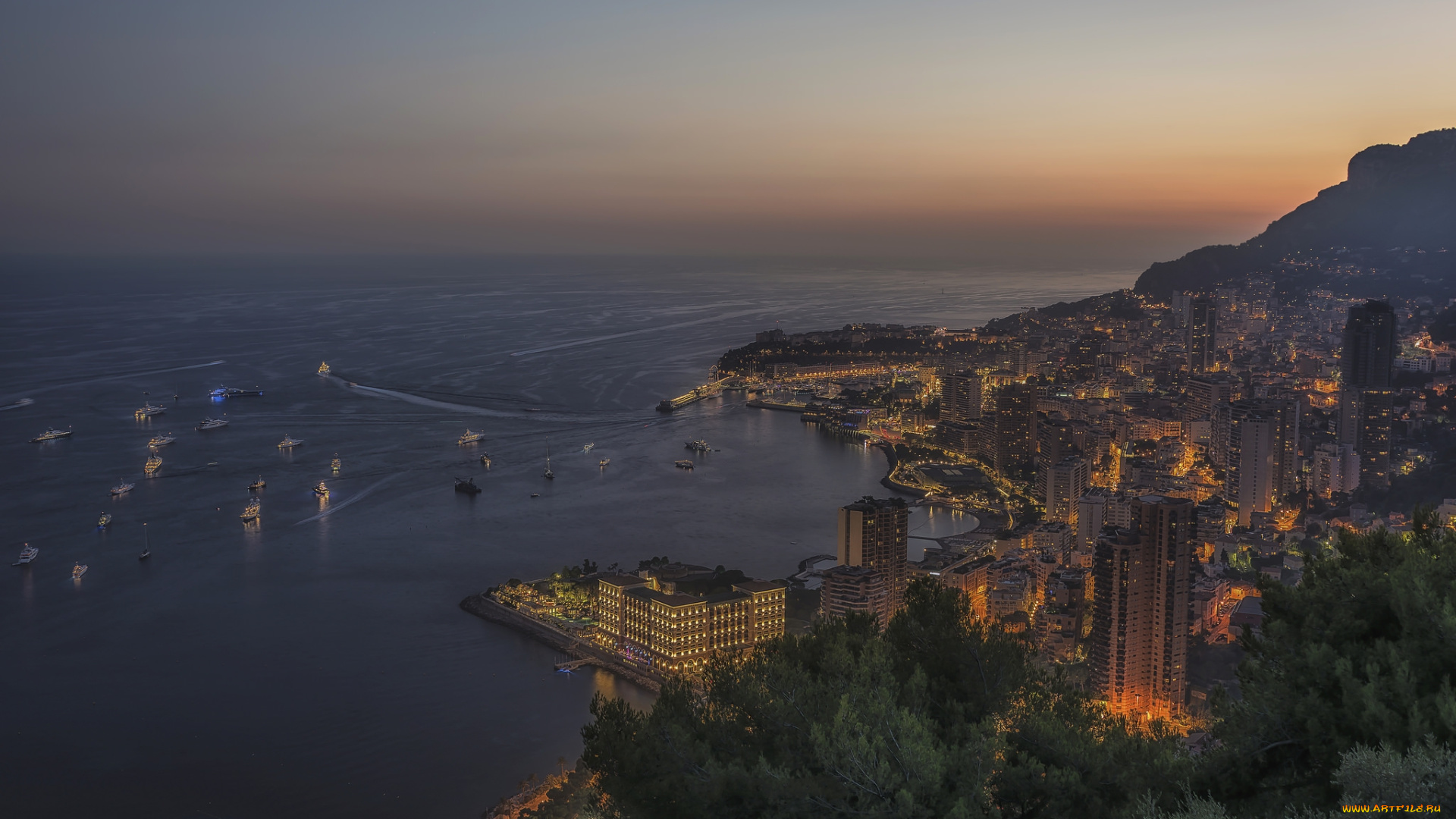 monaco, города, монако, , монако, ночь, огни, побережье