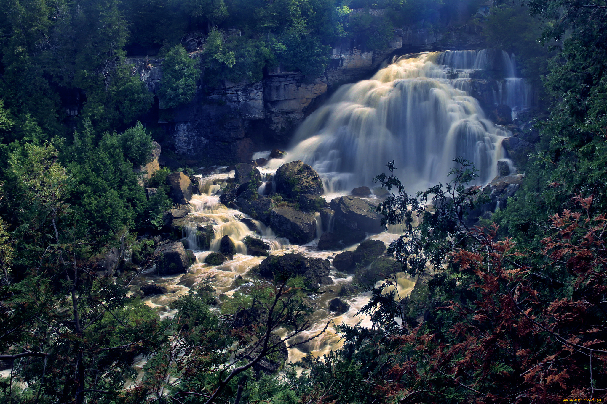 природа, водопады, камни, лес, водопад