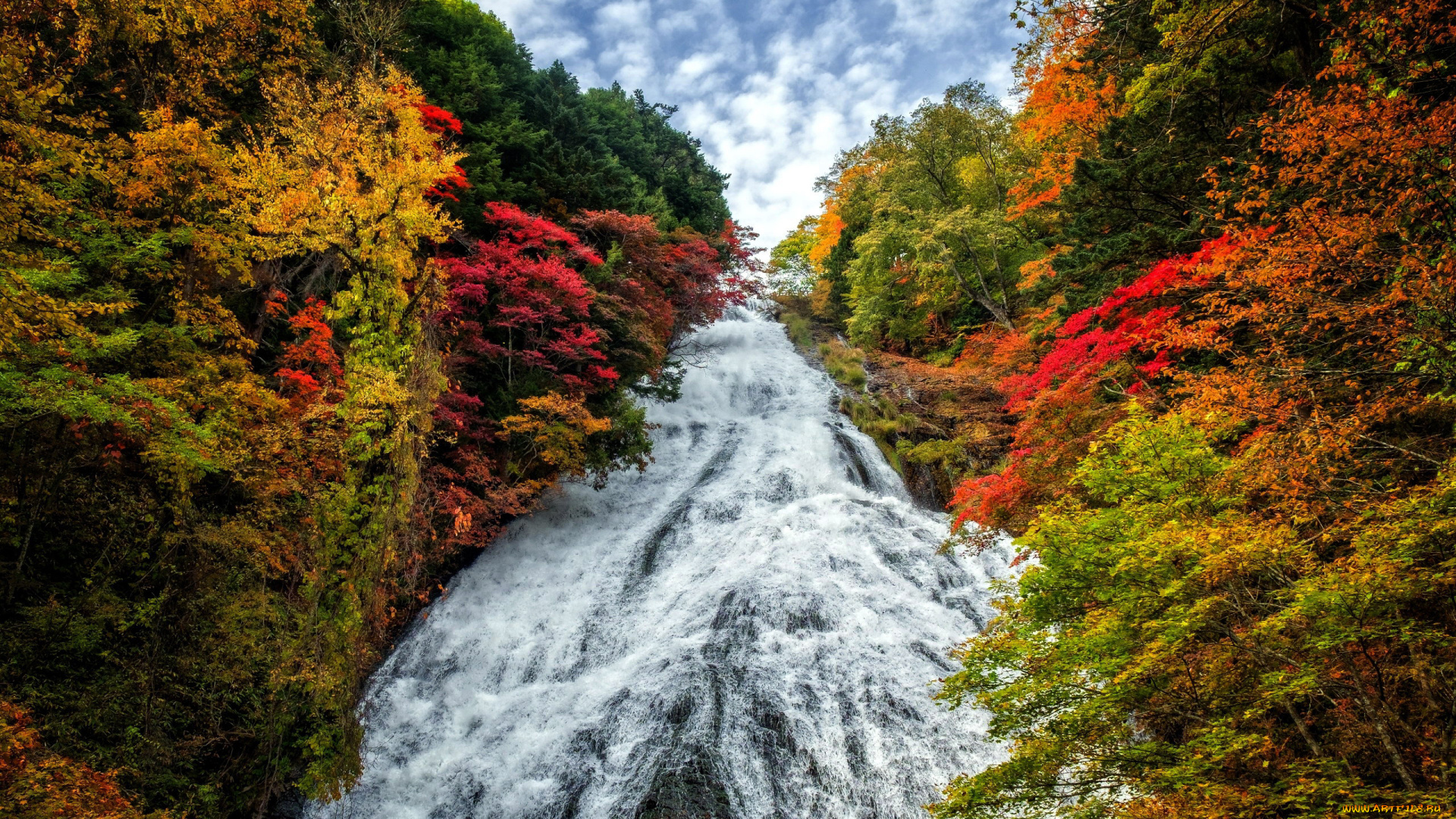 природа, водопады, осень, водопад, вода, деревья, поток