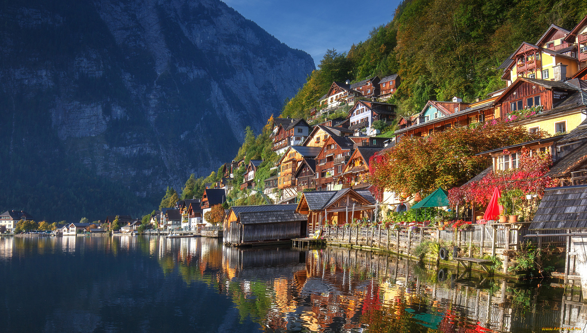 города, гальштат, , австрия, горы, озеро, осень, отражение