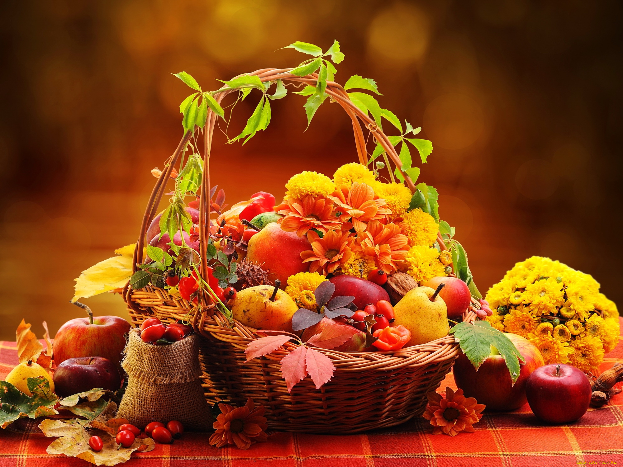 еда, натюрморт, хризантемы, осень, шиповник, груши, корзинка, яблоки, бархатцы