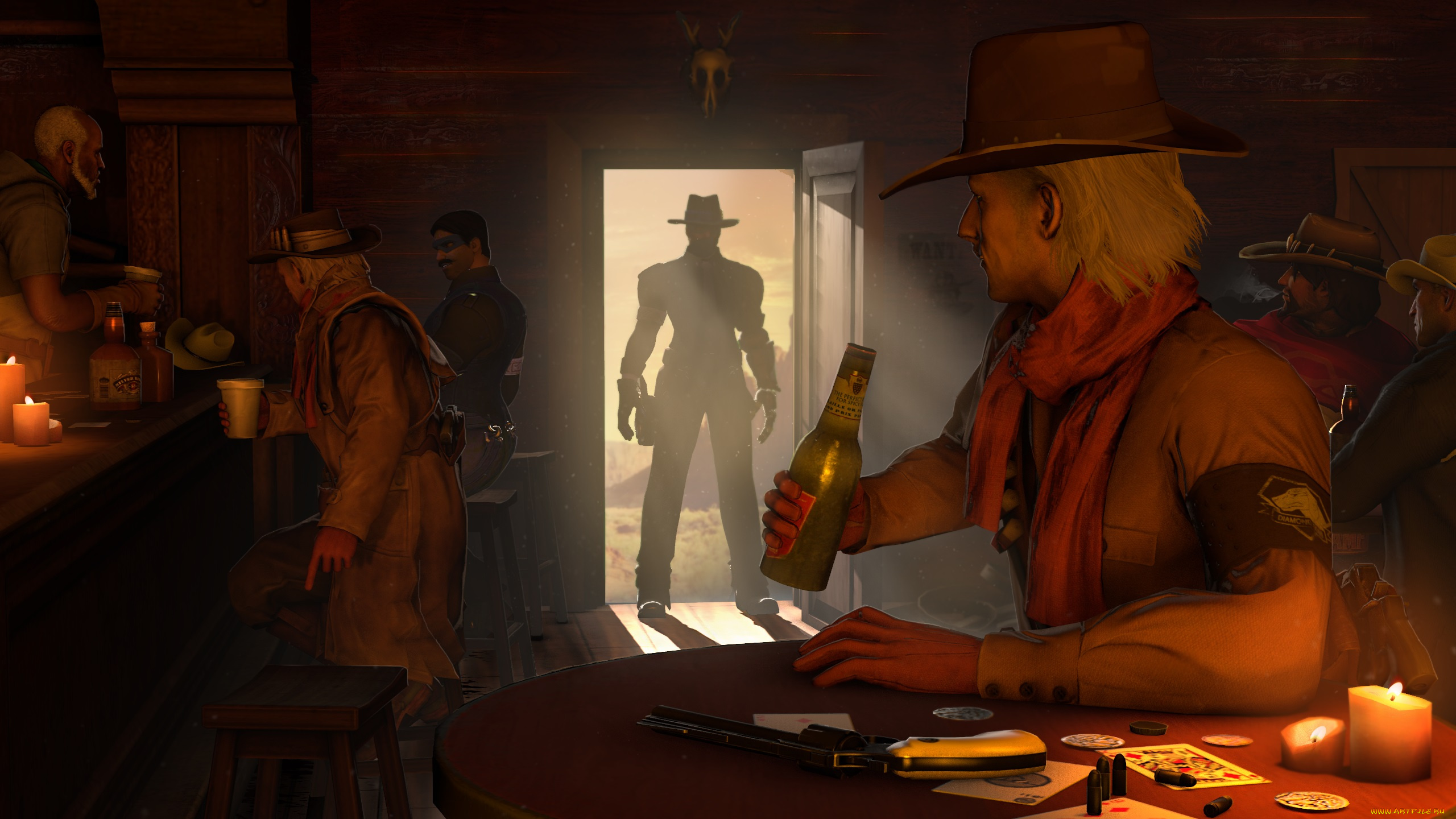 3д, графика, люди, , people, фон, взгляд, мужчина, пиво, ковбой, револьвер, бар, бутылка