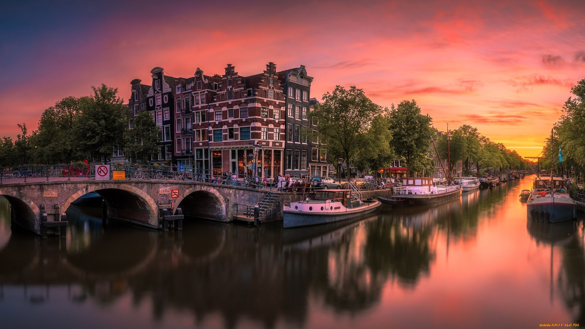 города, амстердам, , нидерланды, канал, мост, закат