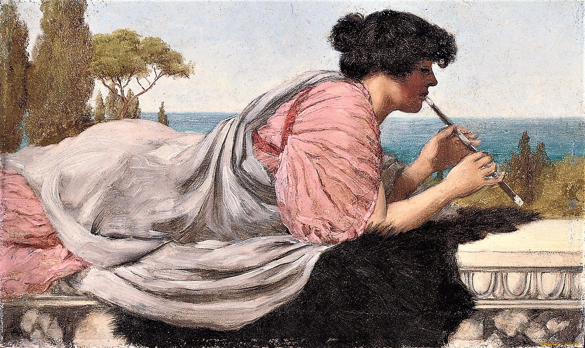 рисованное, lawrence, alma-tadema, женщина, свирель