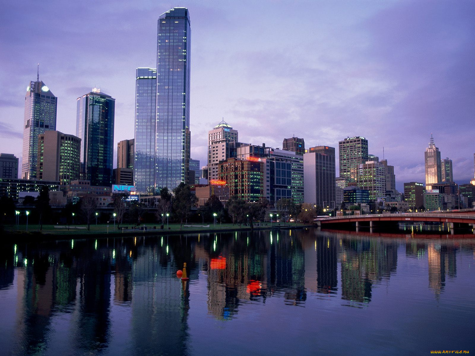 melbourne, australia, города, панорамы, вечер, огни, река, отражения, в, воде