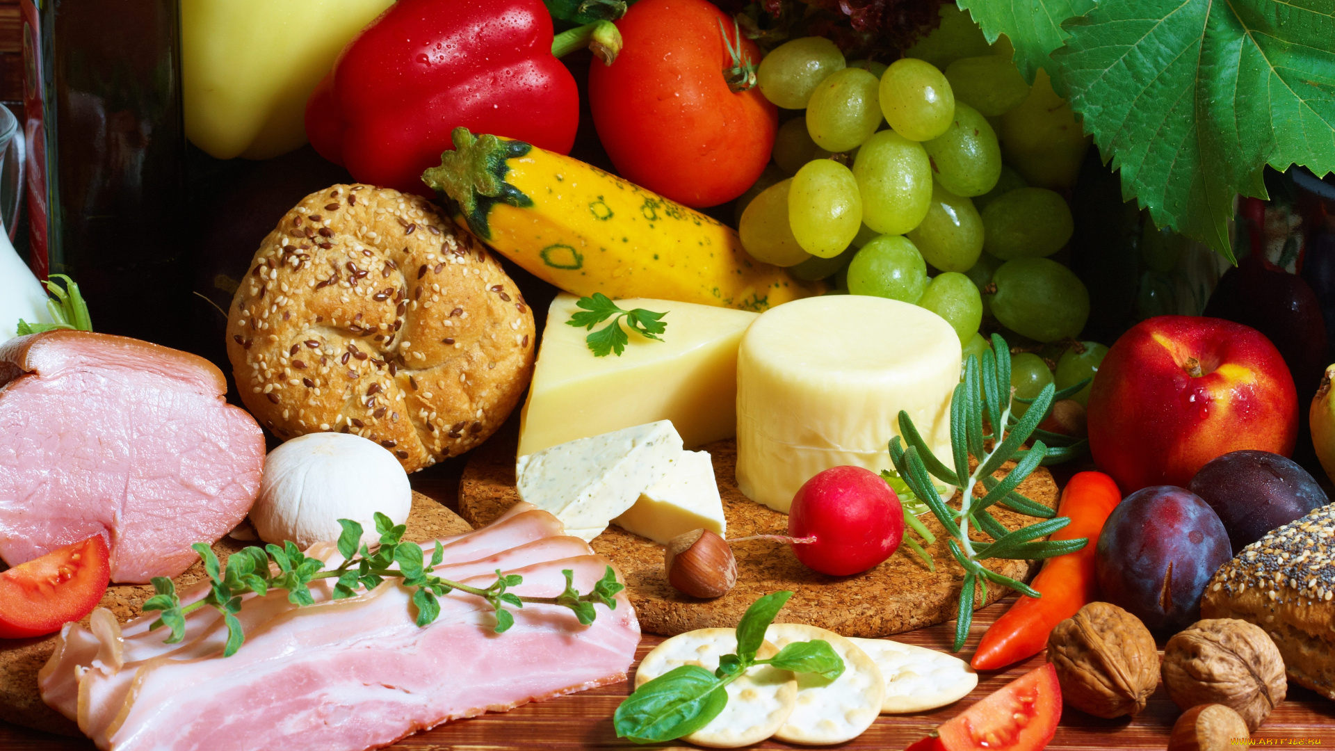 еда, разное, овощи, мясо, виноград, перец, орехи, помидоры, томаты, сыр