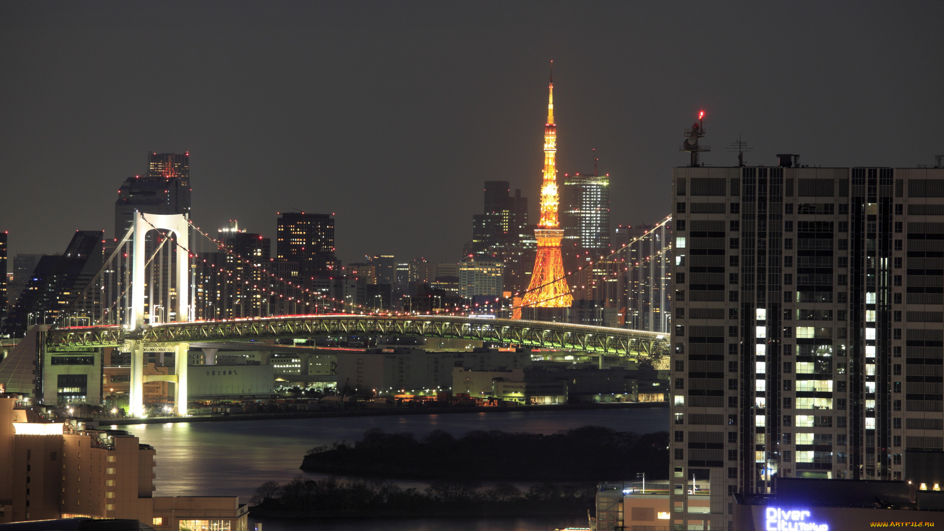 остров, odaiba, tokyo, города, токио, Япония, дома, море, ночь, огни