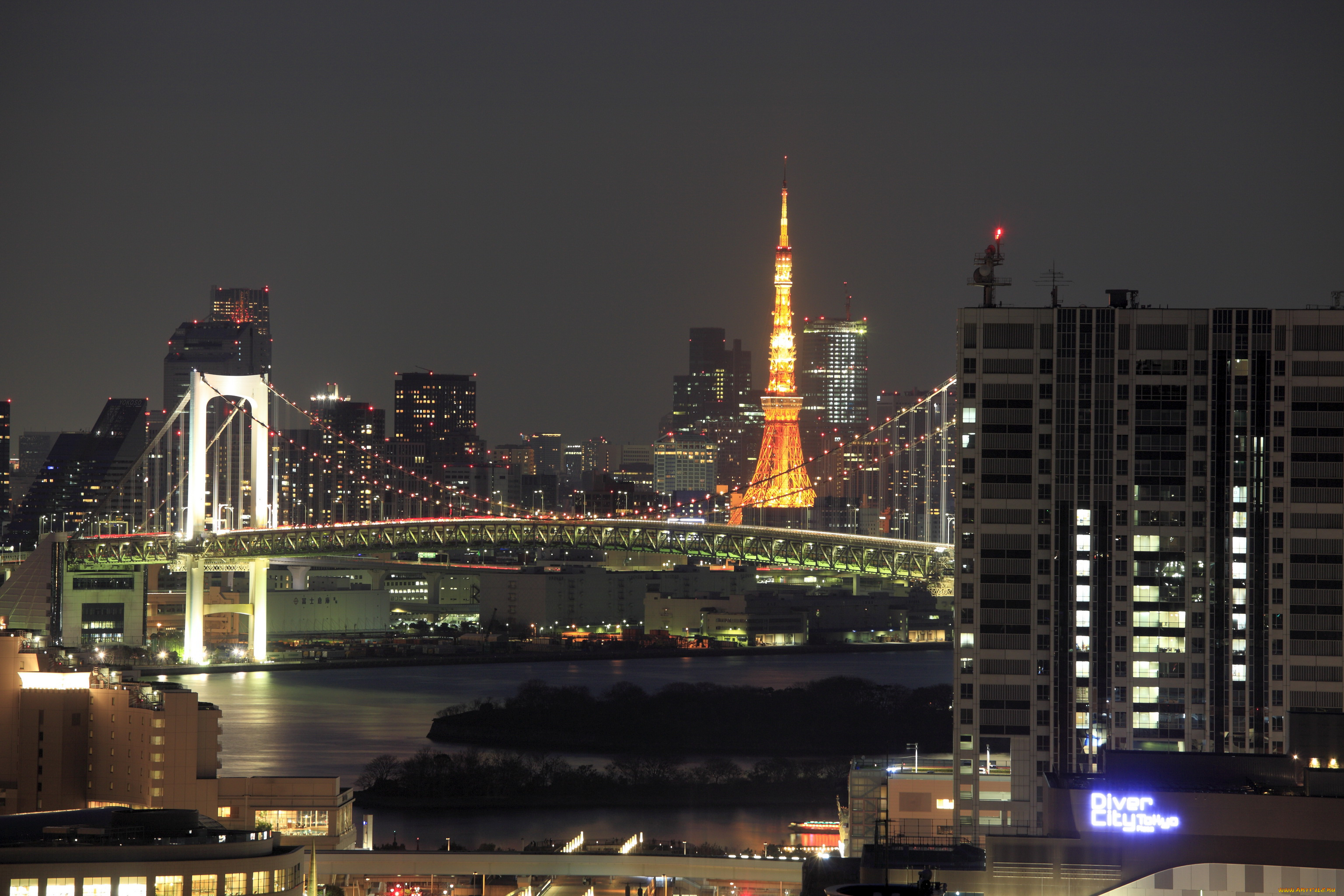 остров, odaiba, tokyo, города, токио, Япония, дома, море, ночь, огни