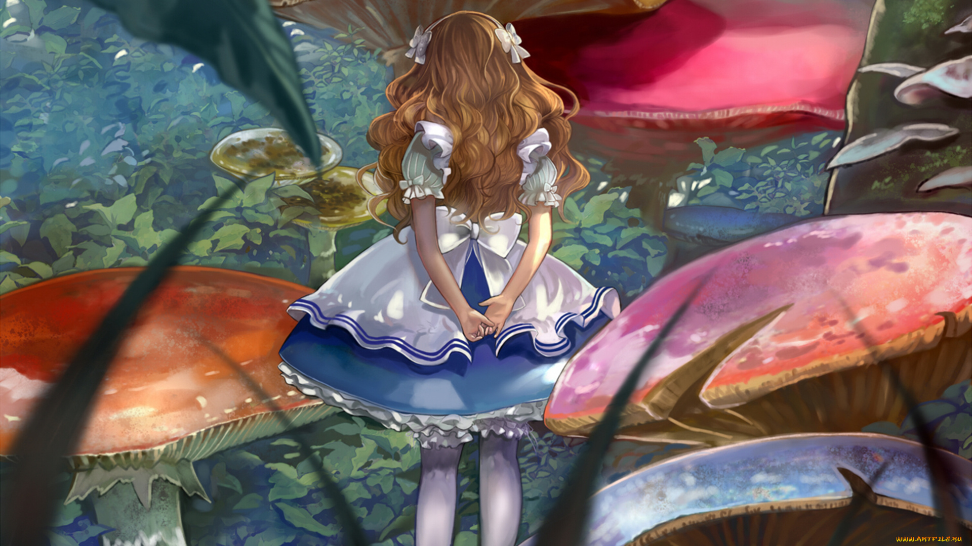 аниме, alice, in, wonderland, бантики, грибы, девочка, алиса, alice, in, wonderland