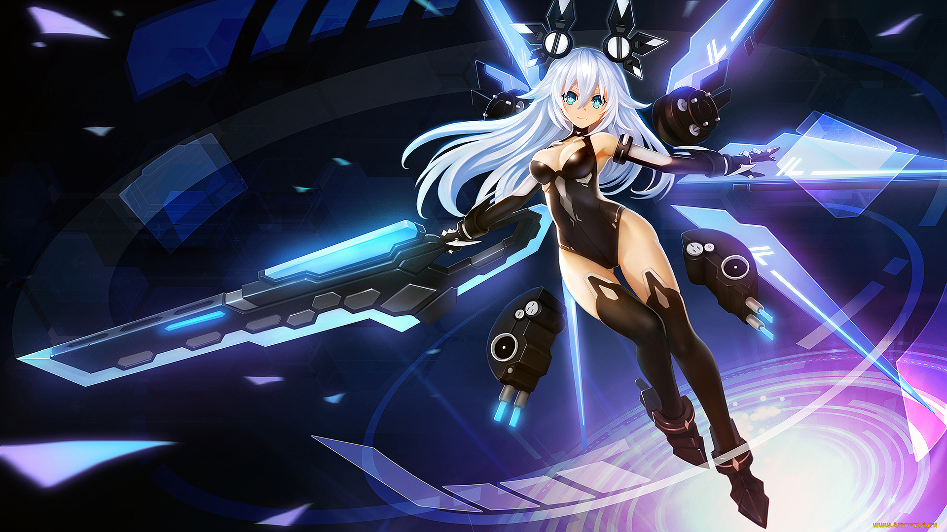 аниме, hyperdimension, neptunia, арт, noire, black, heart, hanshu, девушка, оружие, hyperdimension, neptunia