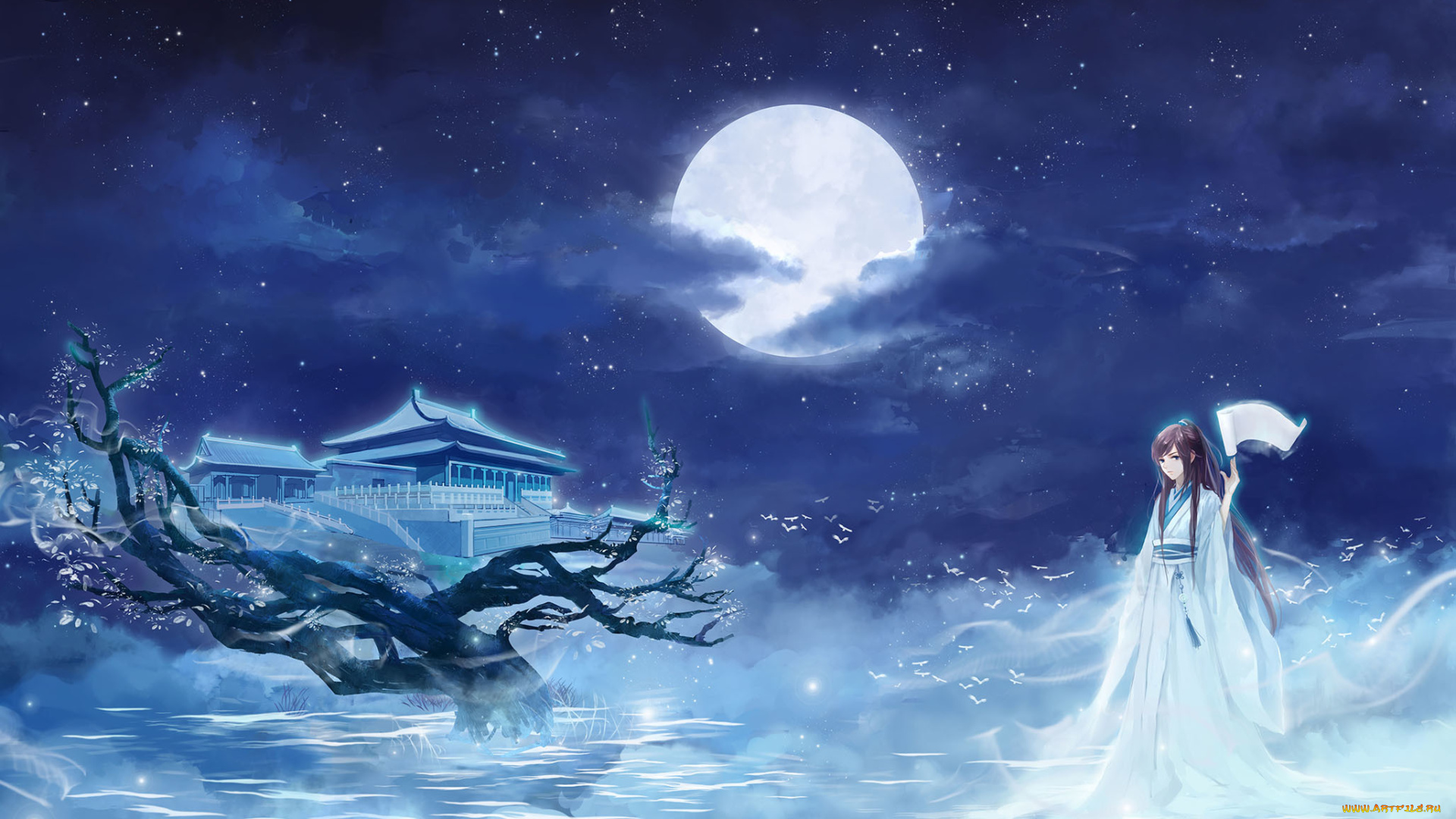 аниме, unknown, , другое, храм, звезды, облака, луна, ночь, кимоно, девушка, сакура, свиток