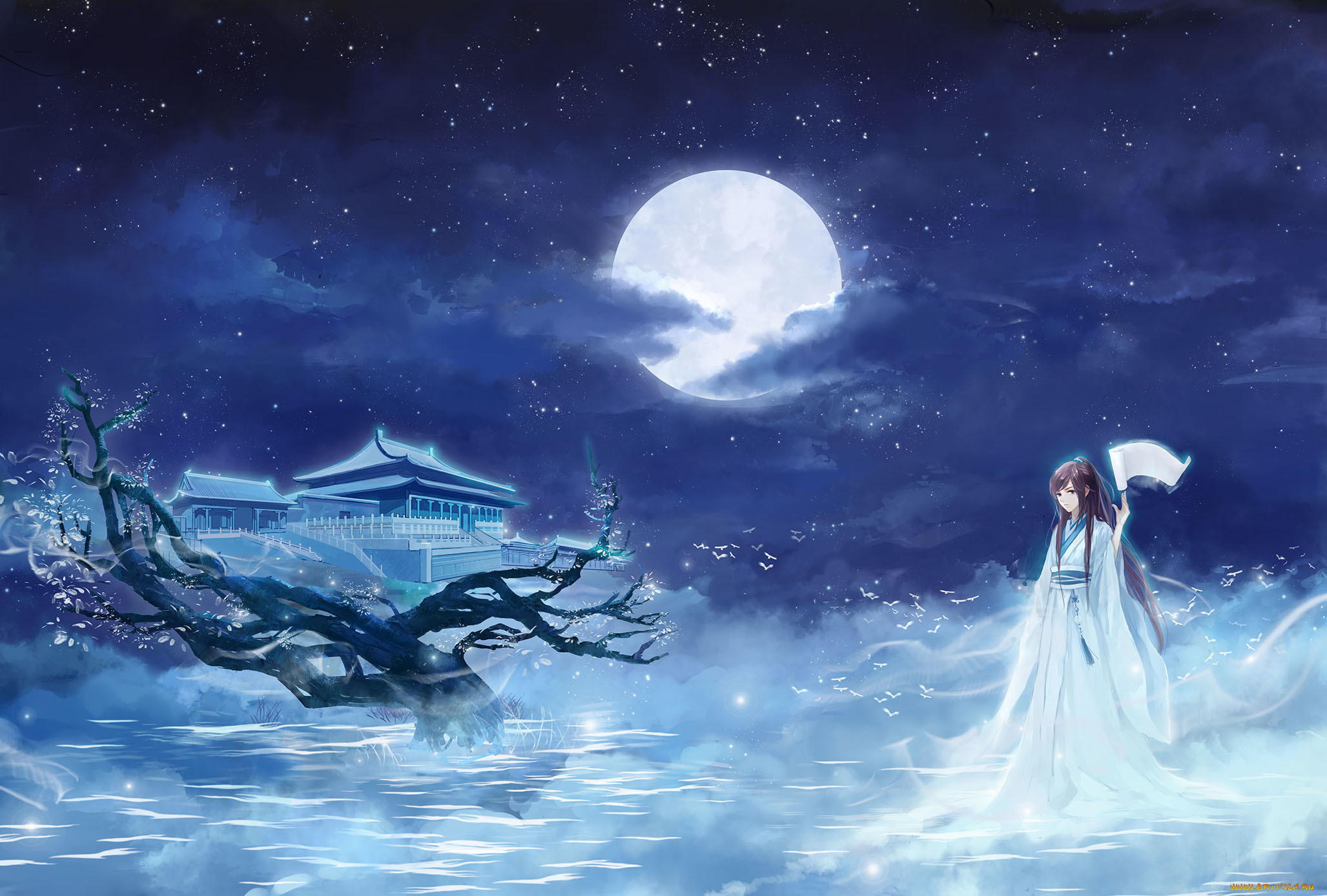 аниме, unknown, , другое, храм, звезды, облака, луна, ночь, кимоно, девушка, сакура, свиток