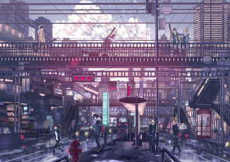 Картинка аниме город +улицы +здания арт hpknight парни мост дома гитара небо закат облака птицы светофоры зонт