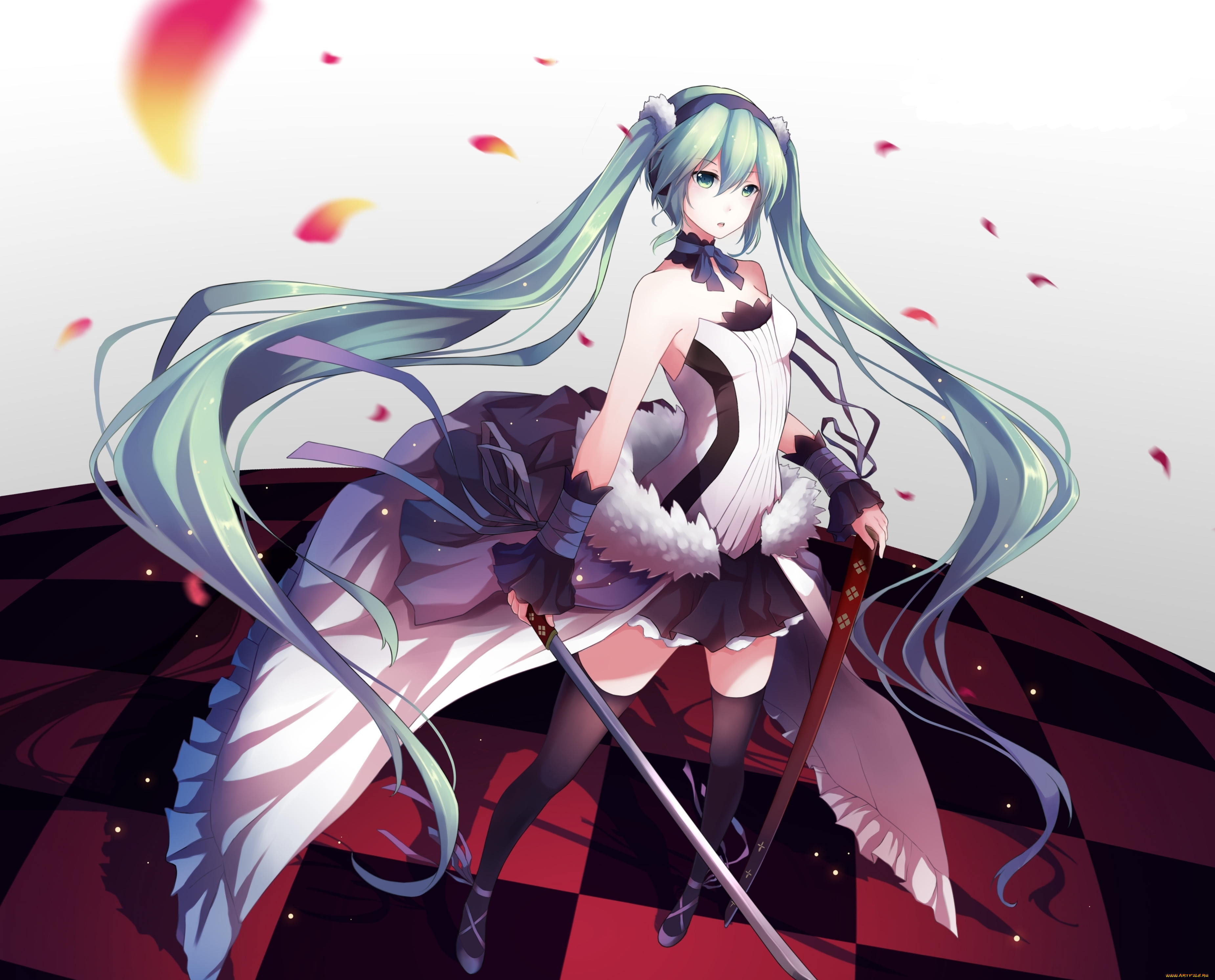 аниме, vocaloid, hatsune, miku, девушка, ng, art, вокалоид, лепестки, ножны, катана, оружие, платье