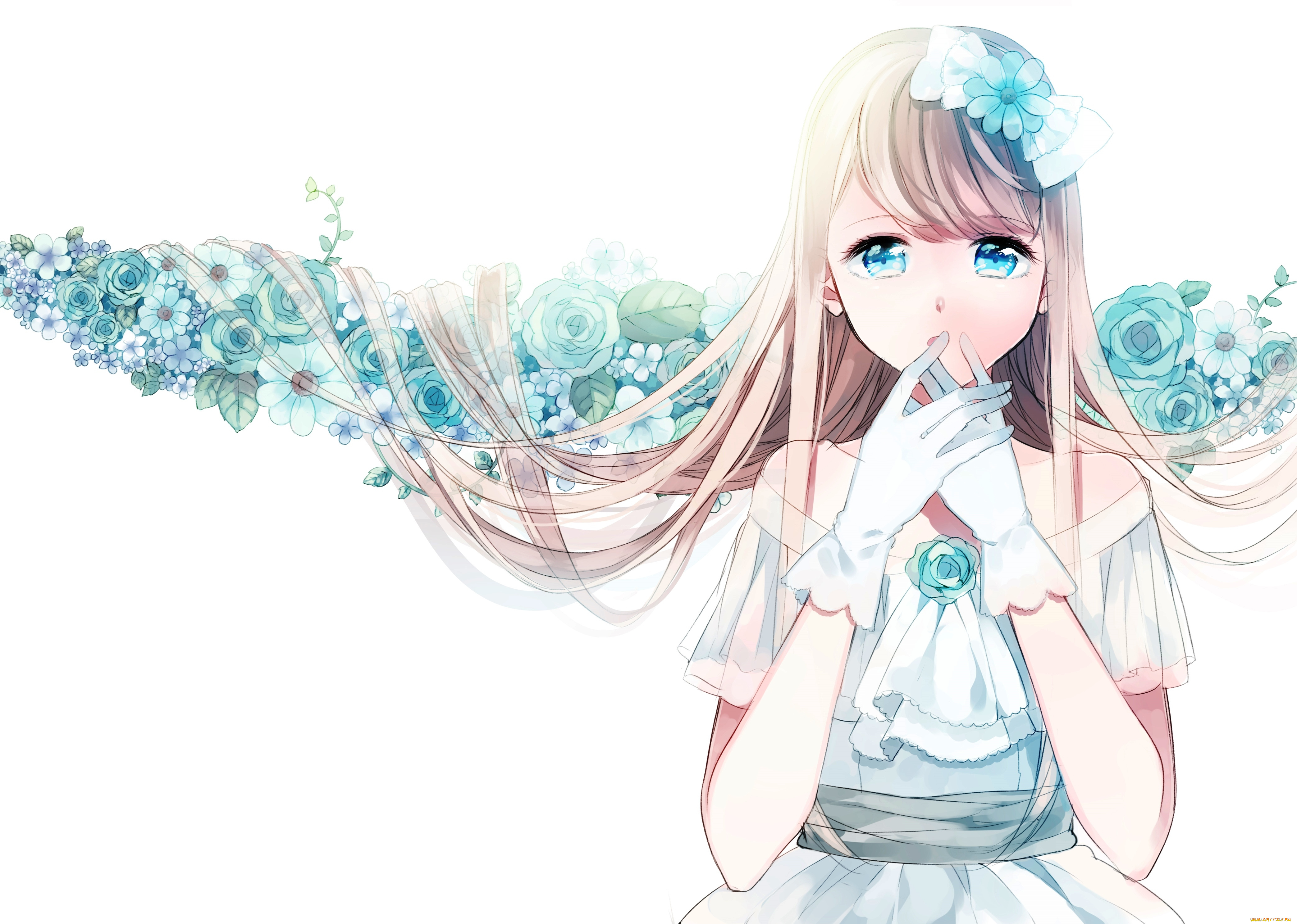 аниме, unknown, , другое, длинные, волосы, перчатки, цветы, голубые, глаза, белый, фон, белое, платье, девочка