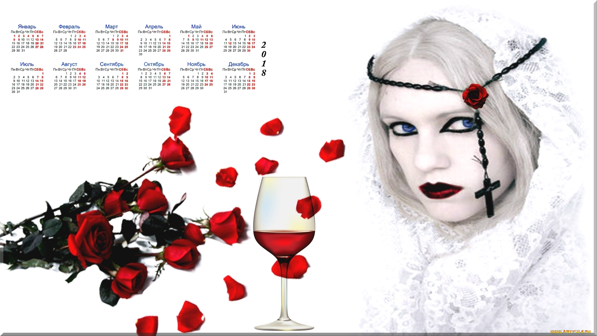 календари, компьютерный, дизайн, бокал, девушка, крест, роза, взгляд, 2018